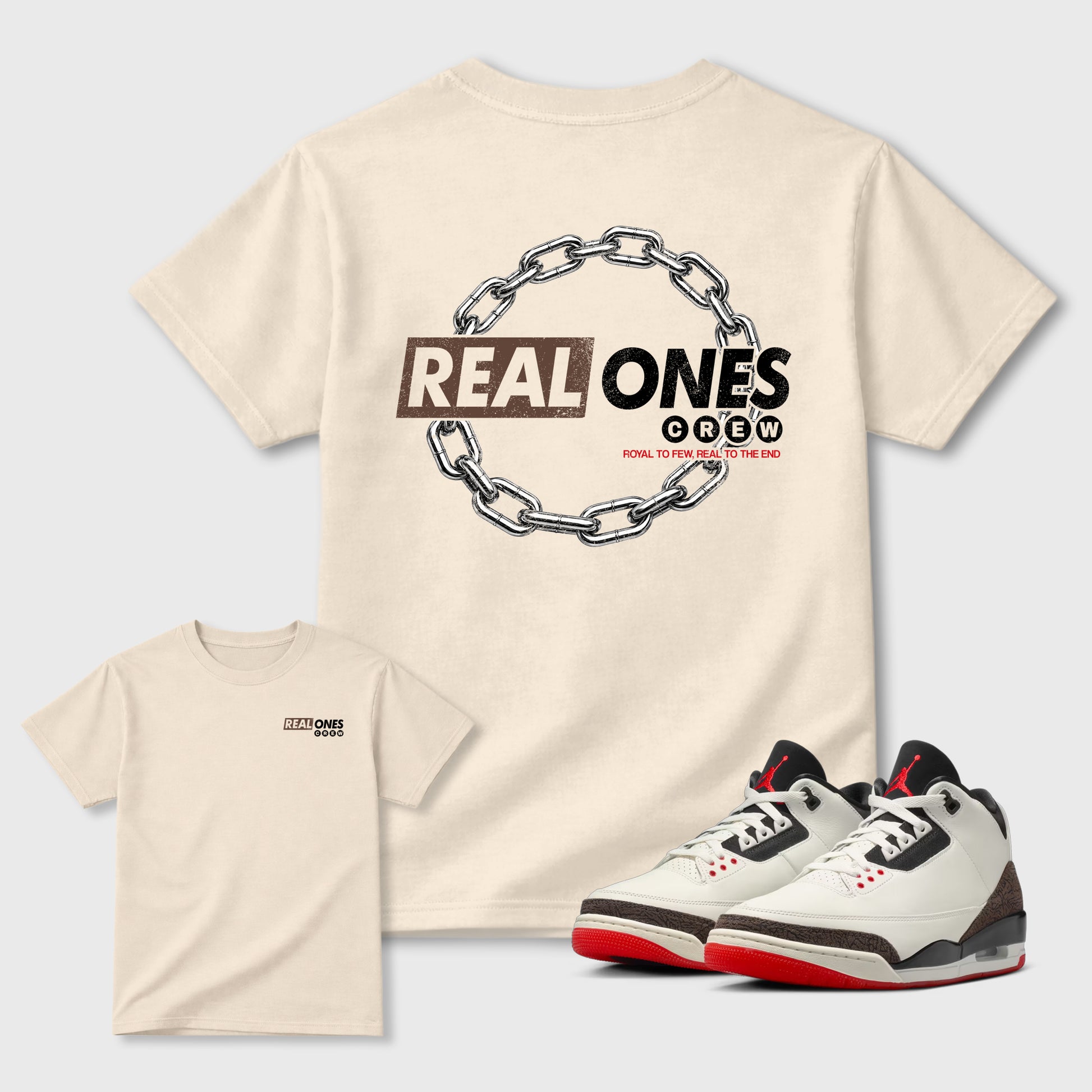 Real Ones Crew sneaker match t-shirt styled to complete your fit with the Air Jordan 3 World's Best Dad sneakers, shown in Natural.