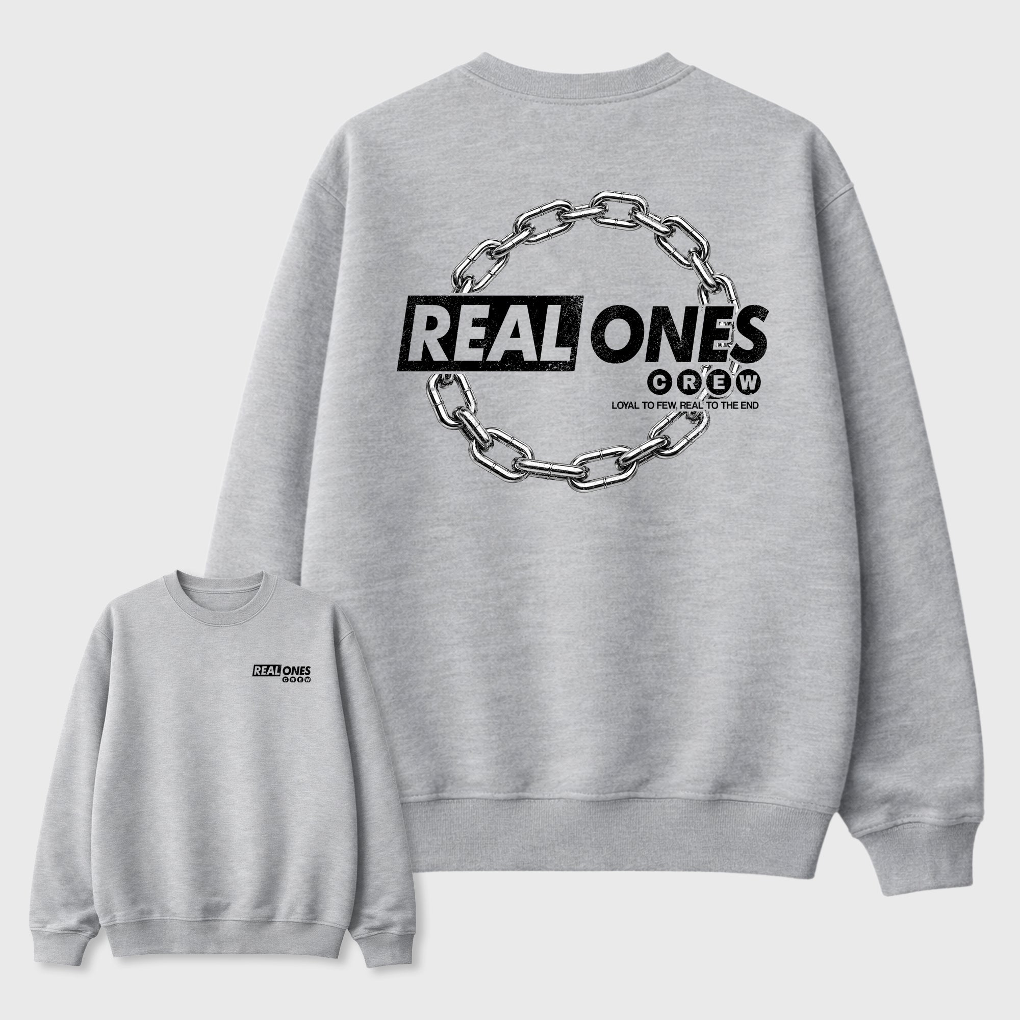 Real Ones Crew Graphic T-Shirt featuring original streetwear artwork designed to complement the black, graphite, and silver-grey tones of the Air Jordan 8 Chrome. Heather Grey Graphic Tee.