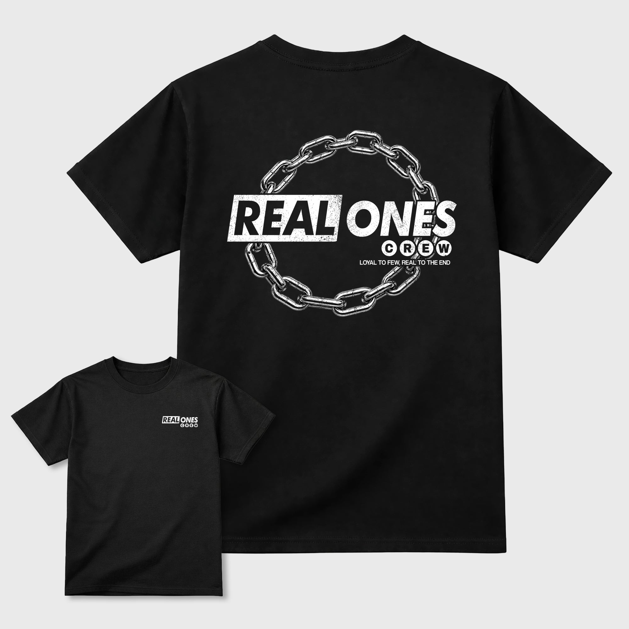 Real Ones Crew Graphic T-Shirt featuring original streetwear artwork designed to complement the black, graphite, and silver-grey tones of the Jordan 8 Chrome. Black Graphic T-Shirt.