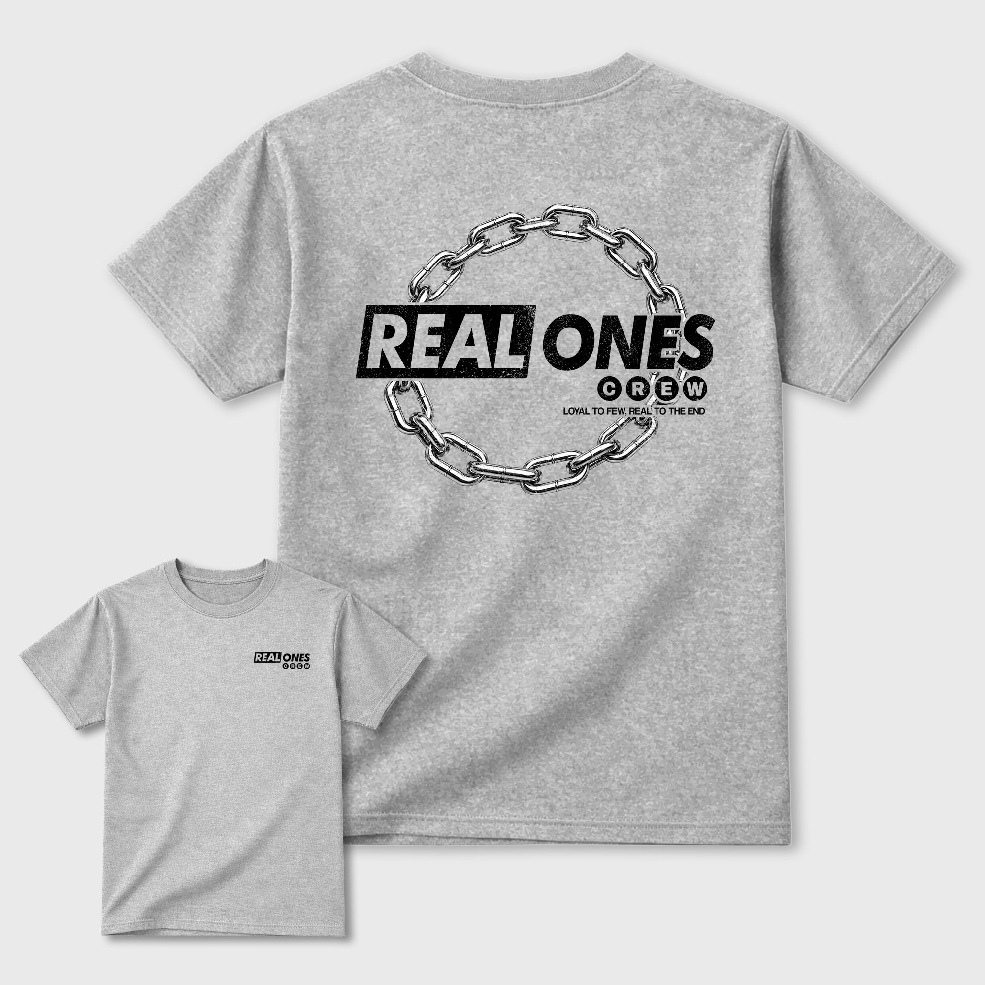 Real Ones Crew Graphic T-Shirt featuring original streetwear artwork designed to complement the black, graphite, and silver-grey tones of the Jordan 8 Chrome. Heather Grey Graphic T-Shirt.