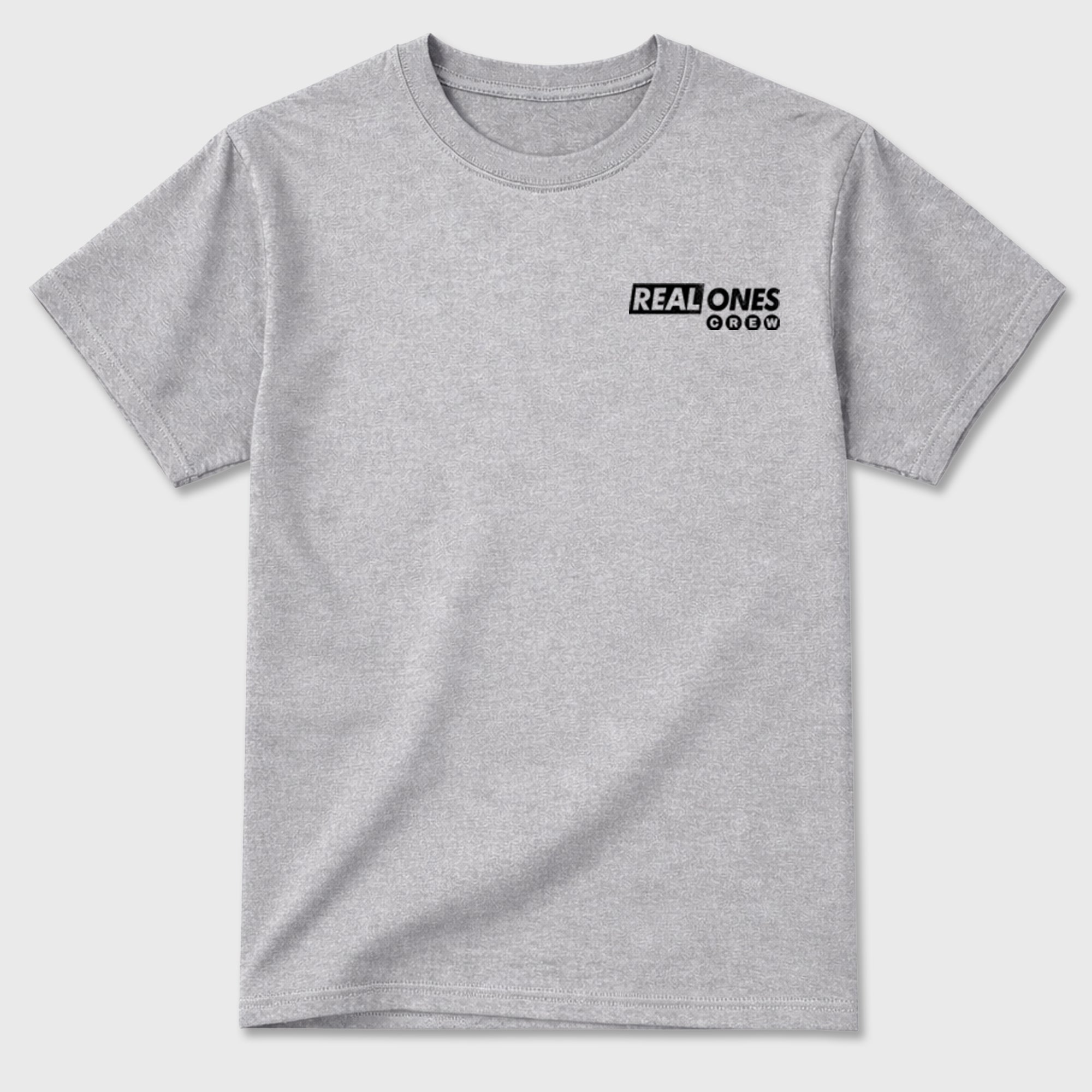 Real Ones Crew Graphic T-Shirt featuring original streetwear artwork designed to complement the black, graphite, and silver-grey tones of the Jordan 8 Chrome. Heather Grey Graphic T-Shirt.