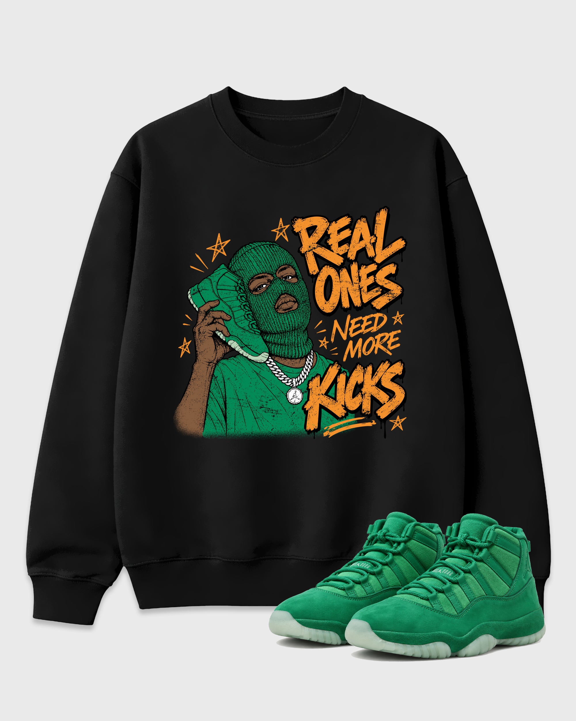 Real Ones Need More Kicks Graphic T-Shirt featuring original streetwear artwork designed to match the Air Jordan 11 Green Screen. Black 1 Graphic Tee.