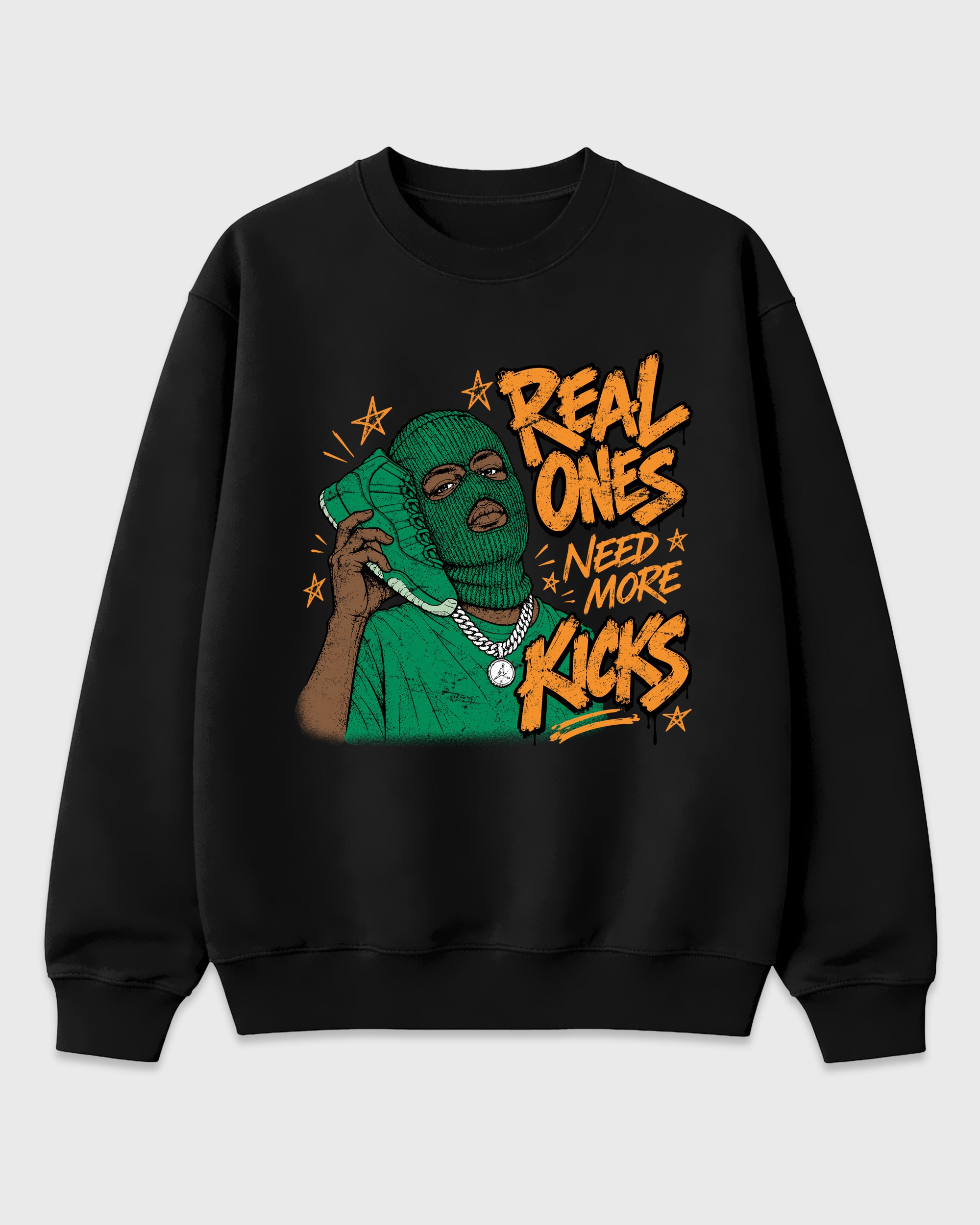 Real Ones Need More Kicks Graphic T-Shirt featuring original streetwear artwork designed to match the Air Jordan 11 Green Screen. Black 2 Graphic Tee.