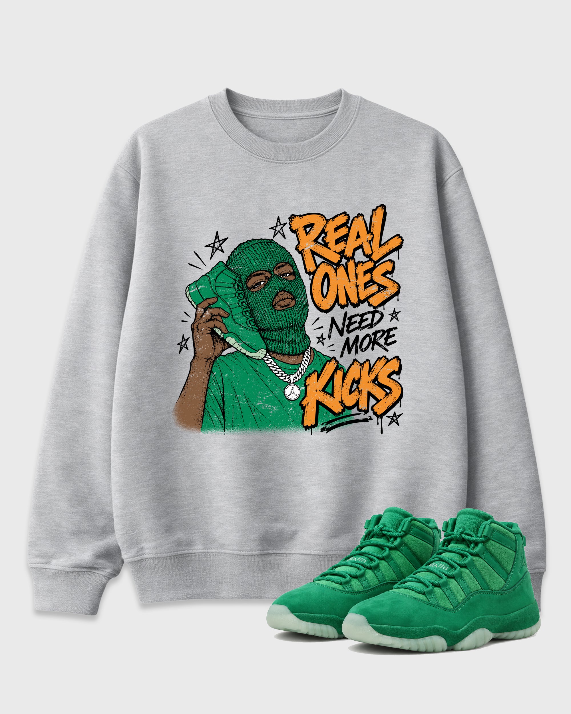 Real Ones Need More Kicks Graphic T-Shirt featuring original streetwear artwork designed to match the Air Jordan 11 Green Screen. Heather Grey 1 Graphic Tee.