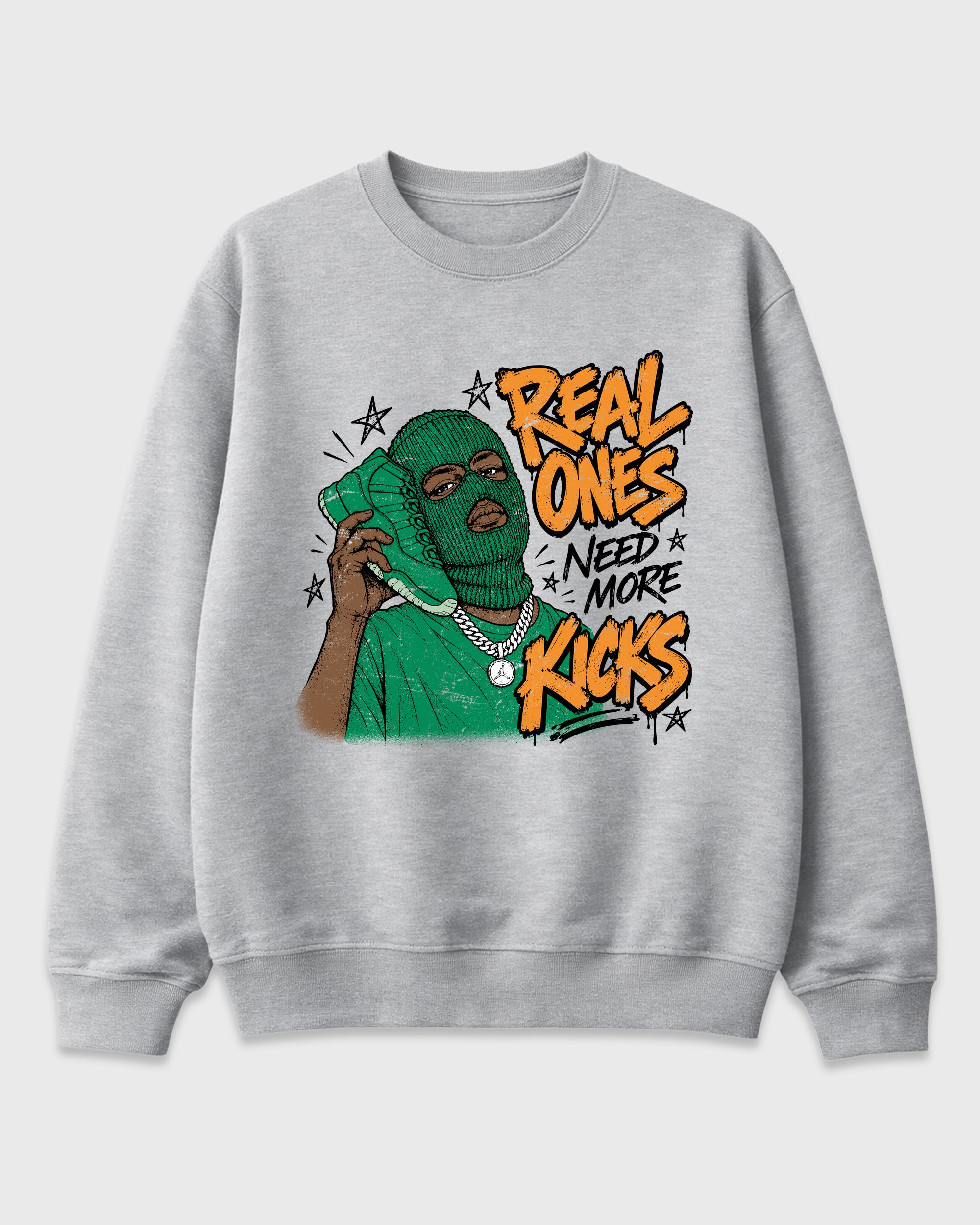 Real Ones Need More Kicks Graphic T-Shirt featuring original streetwear artwork designed to match the Air Jordan 11 Green Screen. Heather Grey 2 Graphic Tee.