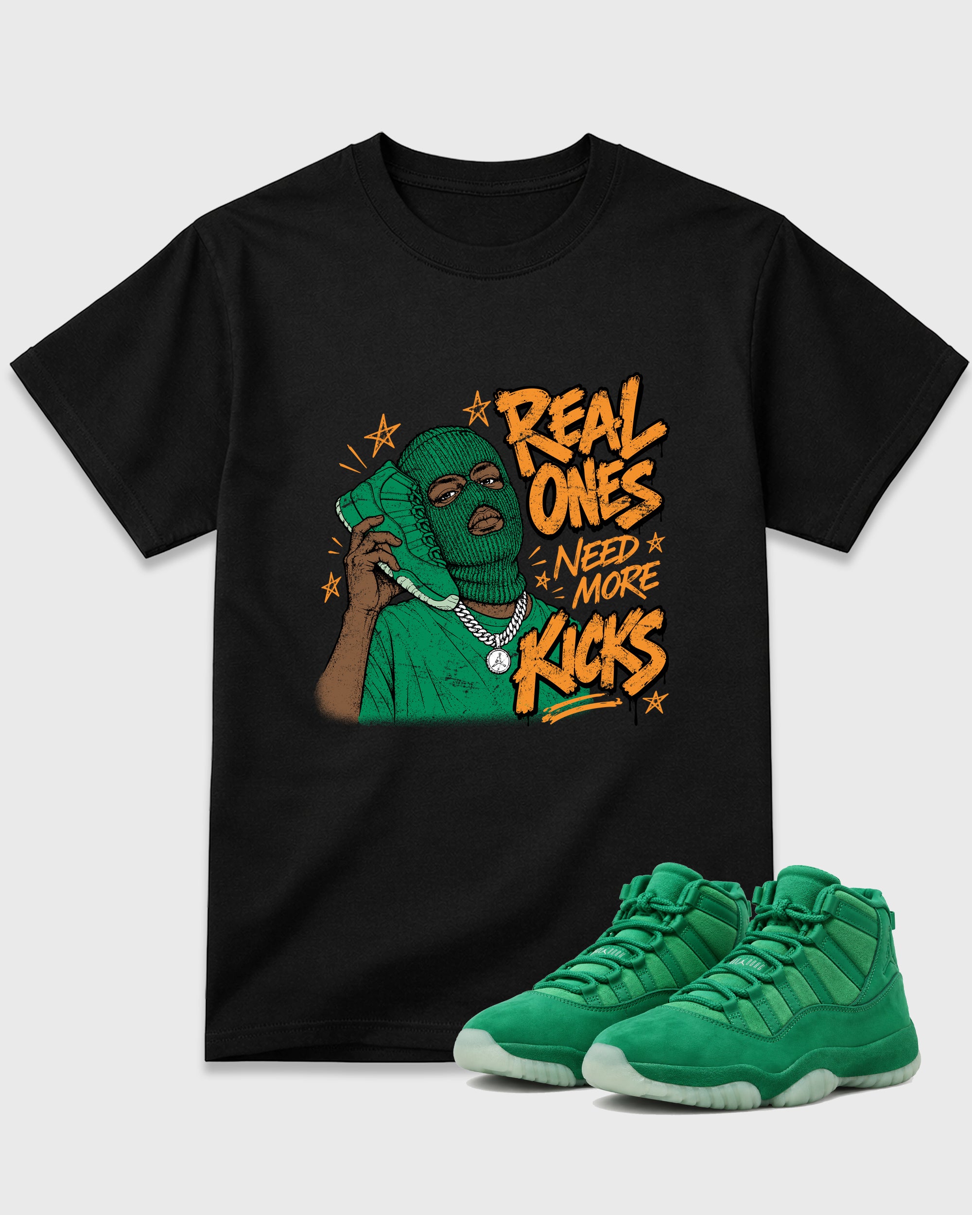 Real Ones Need More Kicks Graphic T-Shirt featuring original streetwear artwork designed to match the Air Jordan 11 Green Screen. Black 1 Graphic T-Shirt.