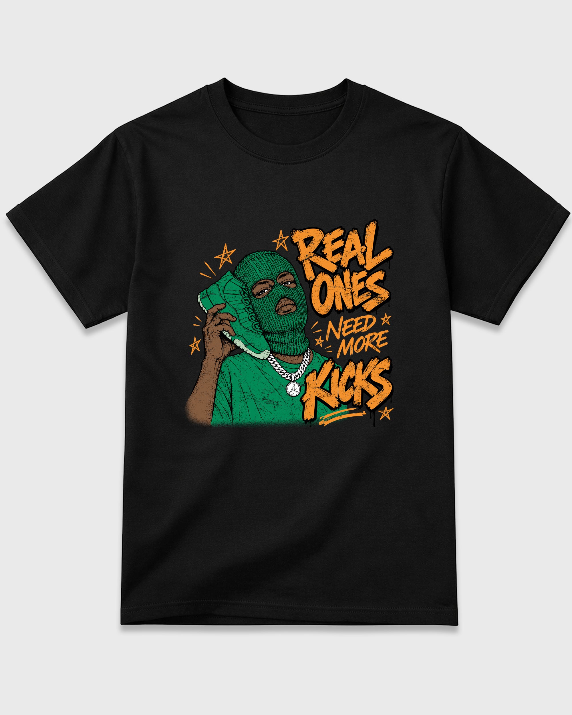 Real Ones Need More Kicks Graphic T-Shirt featuring original streetwear artwork designed to match the Air Jordan 11 Green Screen. Black 2 Graphic T-Shirt.