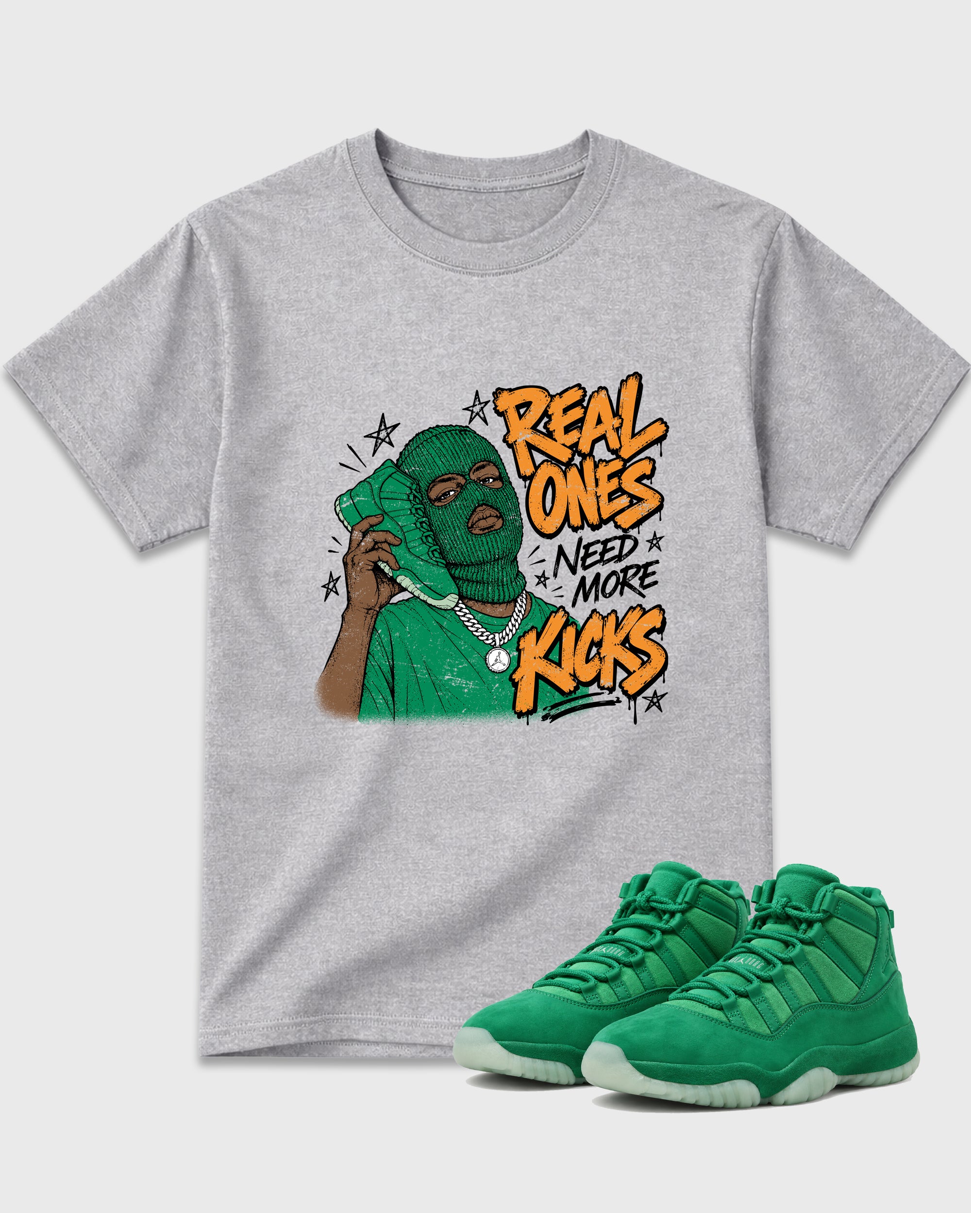 Real Ones Need More Kicks Graphic T-Shirt featuring original streetwear artwork designed to match the Air Jordan 11 Green Screen. Heather Grey 1 Graphic T-Shirt.