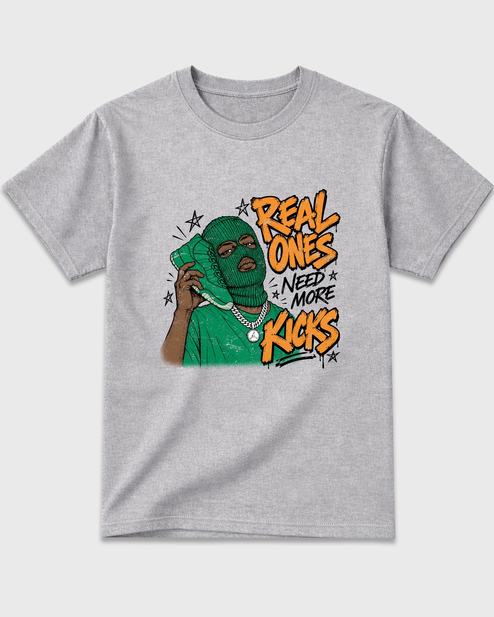 Real Ones Need More Kicks Graphic T-Shirt featuring original streetwear artwork designed to match the Air Jordan 11 Green Screen. Heather Grey 2 Graphic T-Shirt.