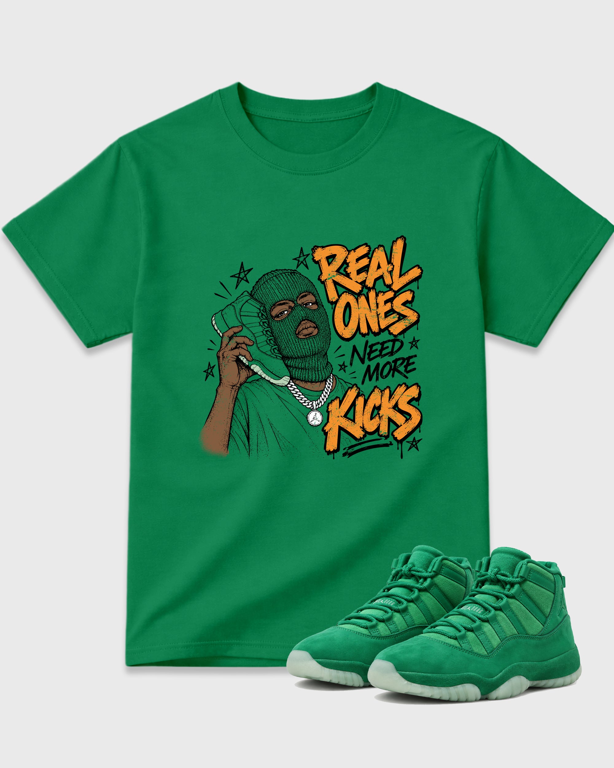 Real Ones Need More Kicks Graphic T-Shirt featuring original streetwear artwork designed to match the Air Jordan 11 Green Screen. Kelly Green 1 Graphic T-Shirt.
