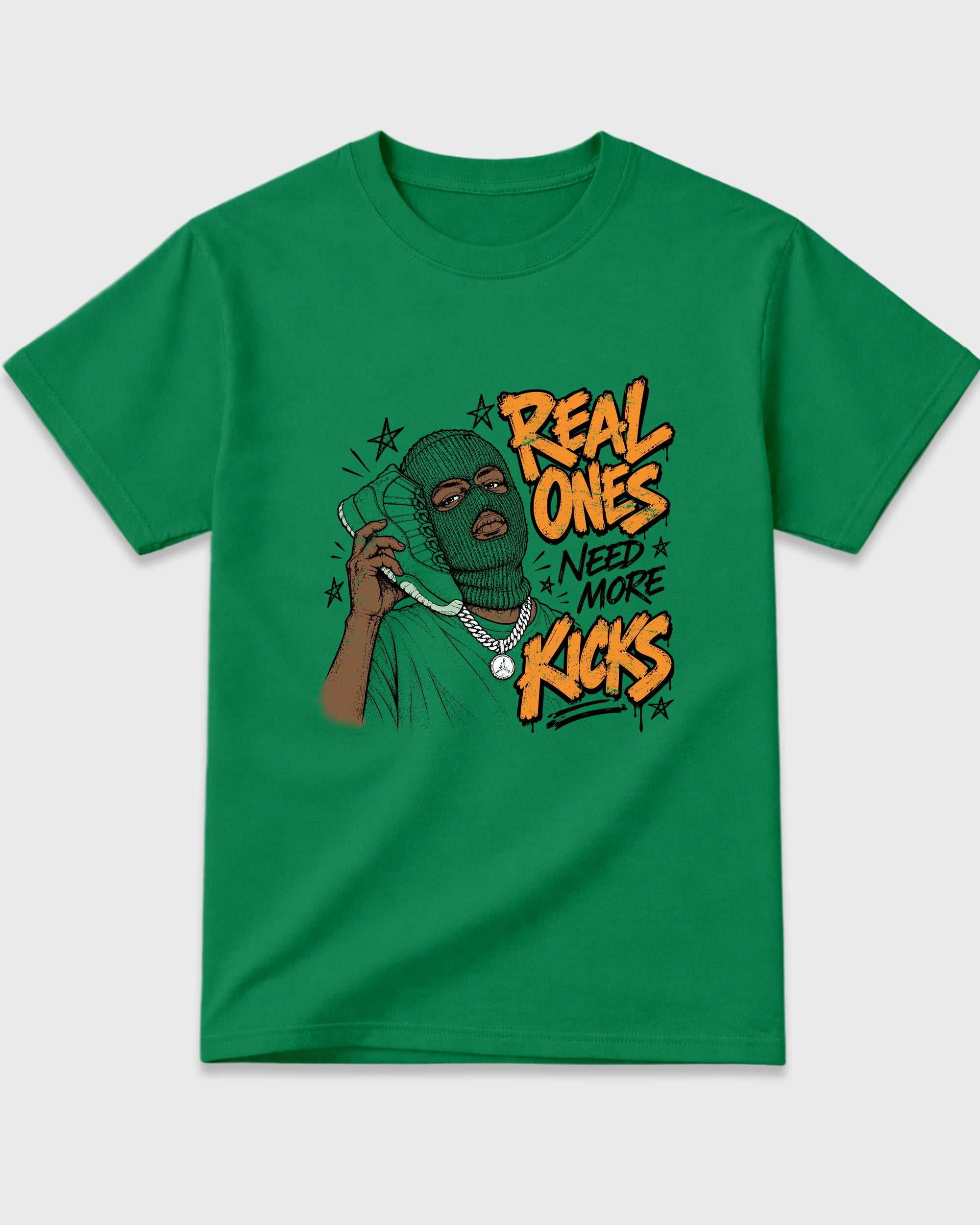 Real Ones Need More Kicks Graphic T-Shirt featuring original streetwear artwork designed to match the Air Jordan 11 Green Screen. Kelly Green 2 Graphic T-Shirt.