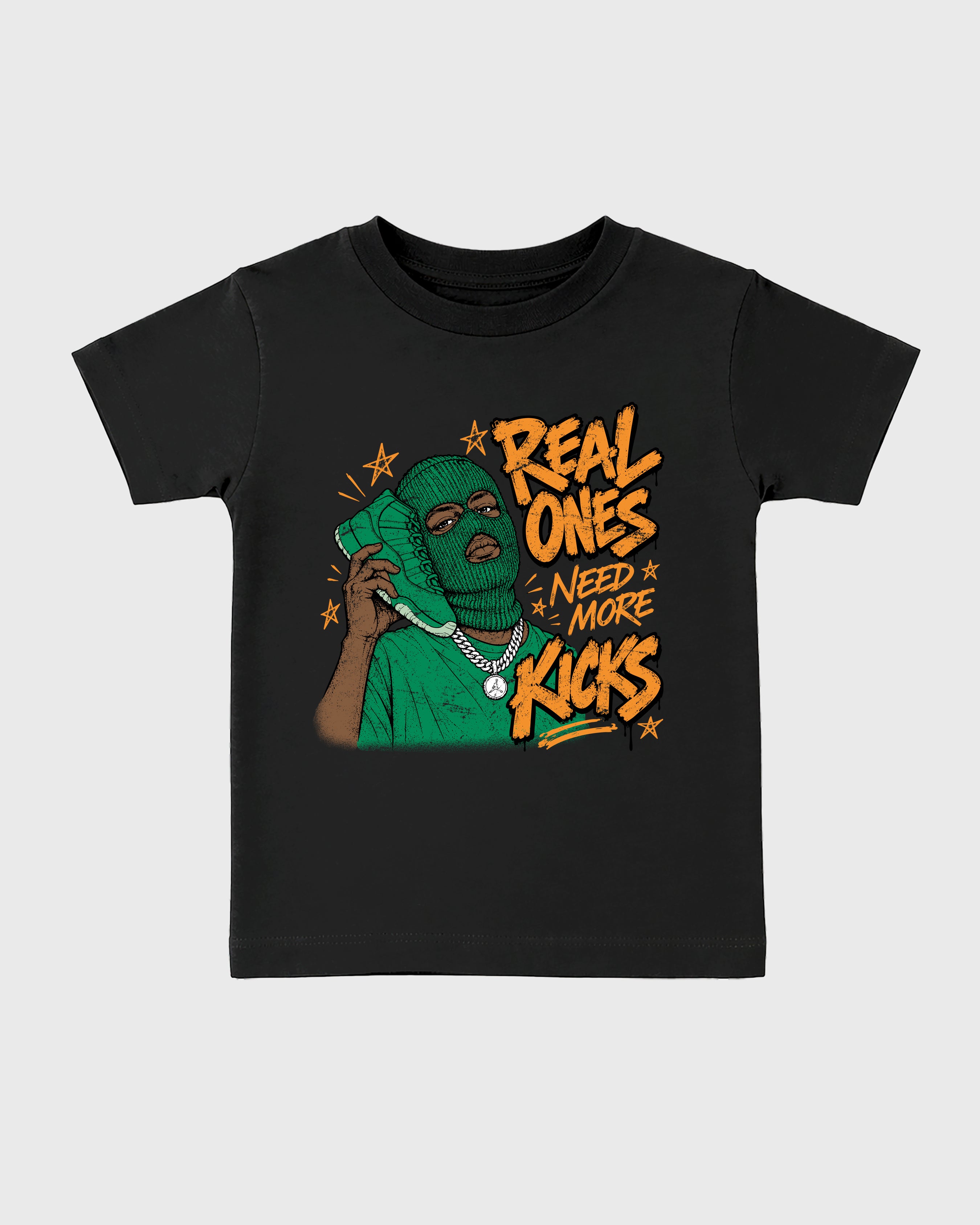 Real Ones Need More Kicks Baby & Kids Graphic T-Shirt featuring original artwork designed to match the Air Jordan 11 Green Screen. Black 2 Kids Graphic Tee.