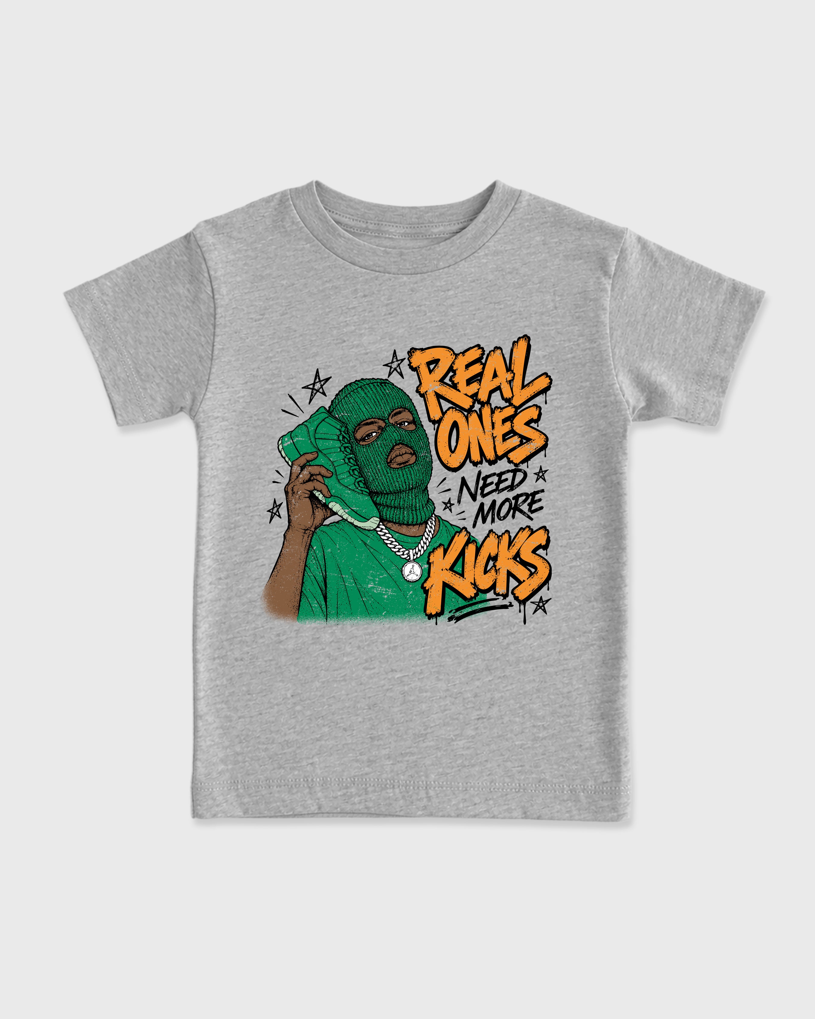 Real Ones Need More Kicks Baby & Kids Graphic T-Shirt featuring original artwork designed to match the Air Jordan 11 Green Screen. Heather Grey 2 Kids Graphic Tee.