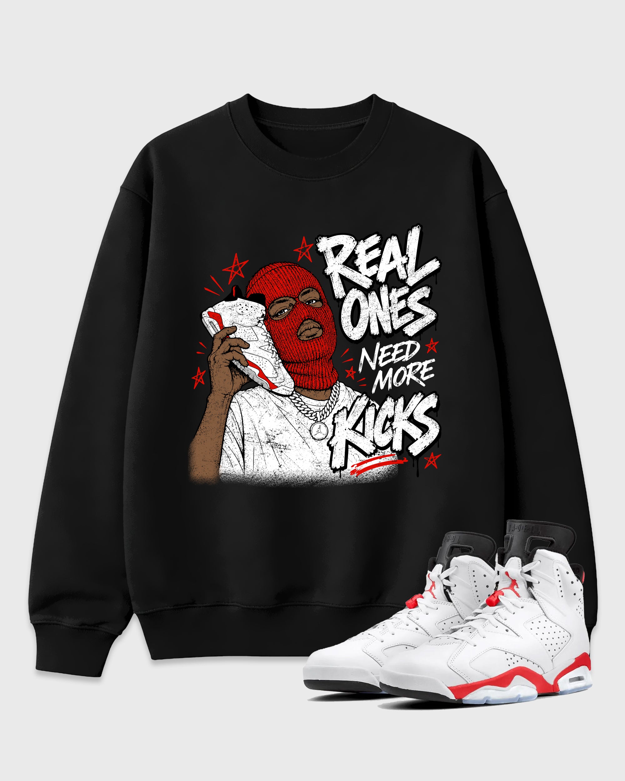 Real Ones Need More Kicks Graphic T-Shirt featuring original streetwear artwork designed to match the Air Jordan 6 White Infrared. Black 1 Graphic Tee.