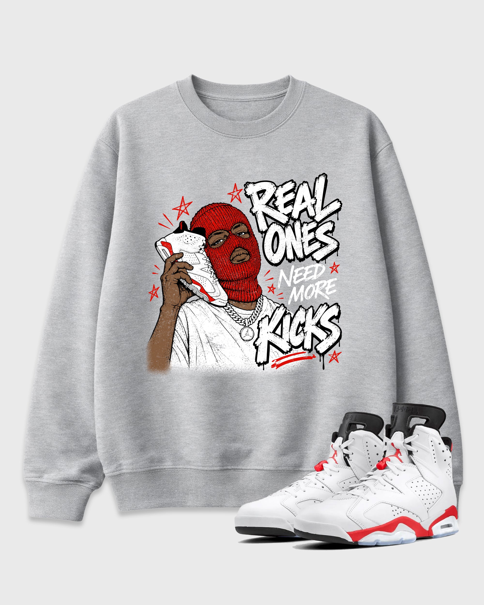 Real Ones Need More Kicks Graphic T-Shirt featuring original streetwear artwork designed to match the Air Jordan 6 White Infrared. Heather Grey 1 Graphic Tee.