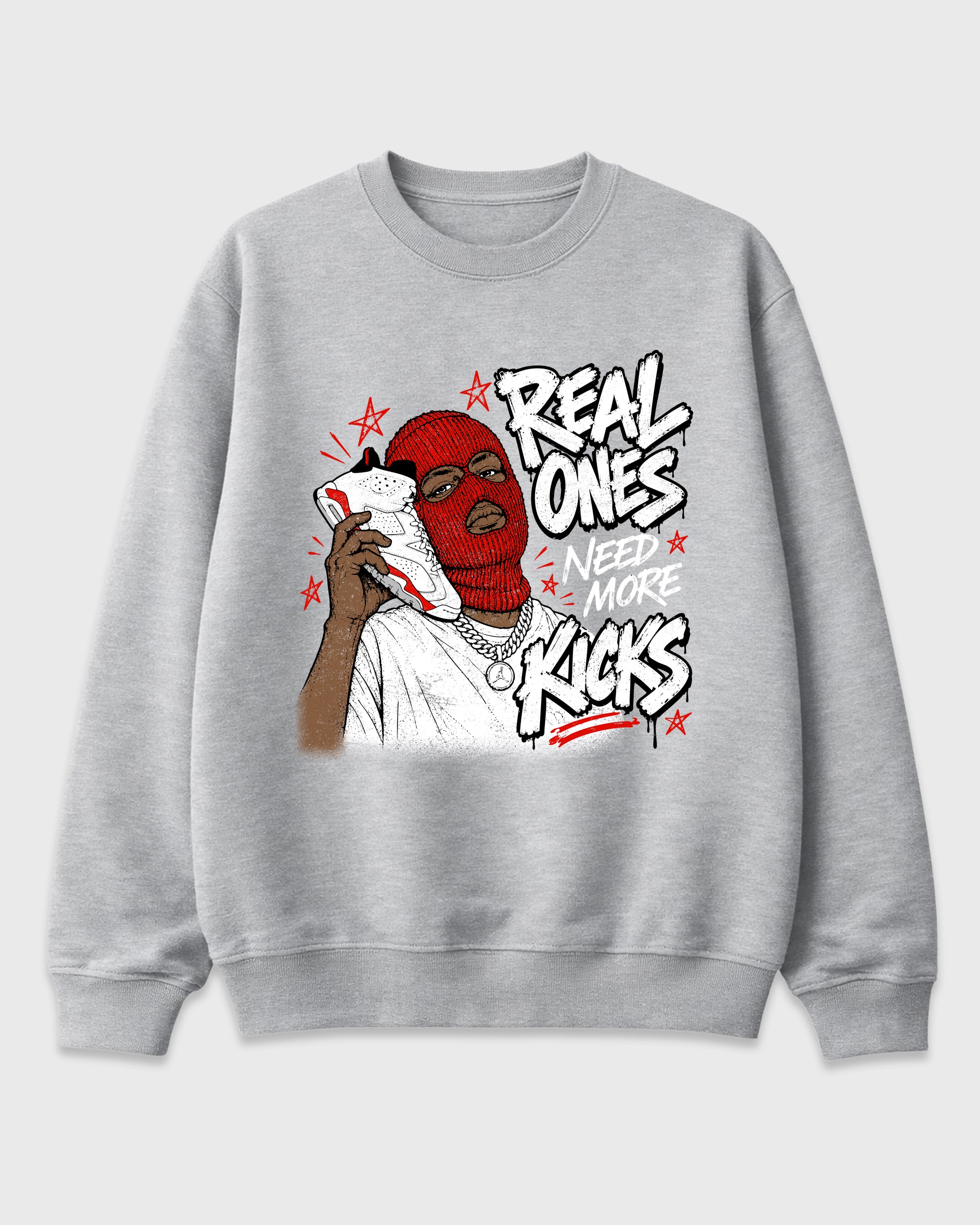 Real Ones Need More Kicks Graphic T-Shirt featuring original streetwear artwork designed to match the Air Jordan 6 White Infrared. Heather Grey 2 Graphic Tee.