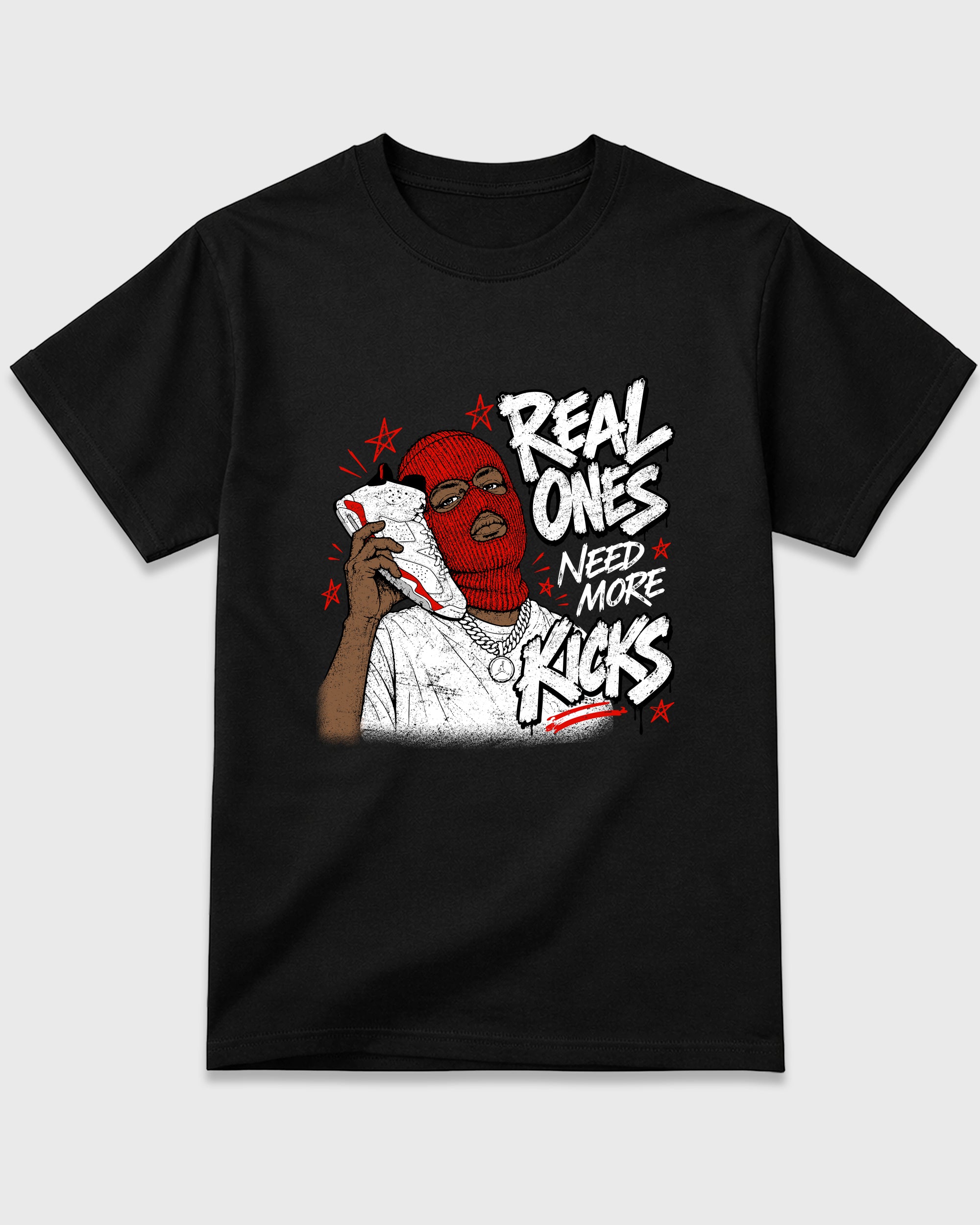 Real Ones Need More Kicks Graphic T-Shirt featuring original streetwear artwork designed to match the Air Jordan 6 White Infrared. Black 2 Graphic T-Shirt.