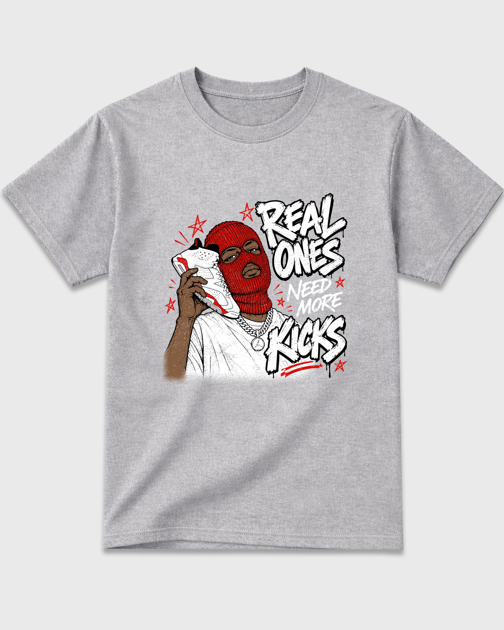 Real Ones Need More Kicks Graphic T-Shirt featuring original streetwear artwork designed to match the Air Jordan 6 White Infrared. Heather Grey 2 Graphic T-Shirt.