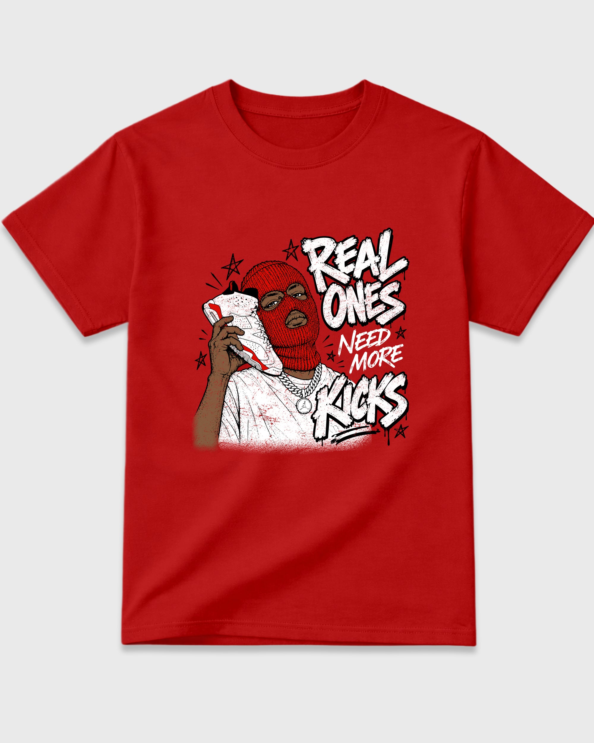 Real Ones Need More Kicks Graphic T-Shirt featuring original streetwear artwork designed to match the Air Jordan 6 White Infrared. Red 2 Graphic T-Shirt.
