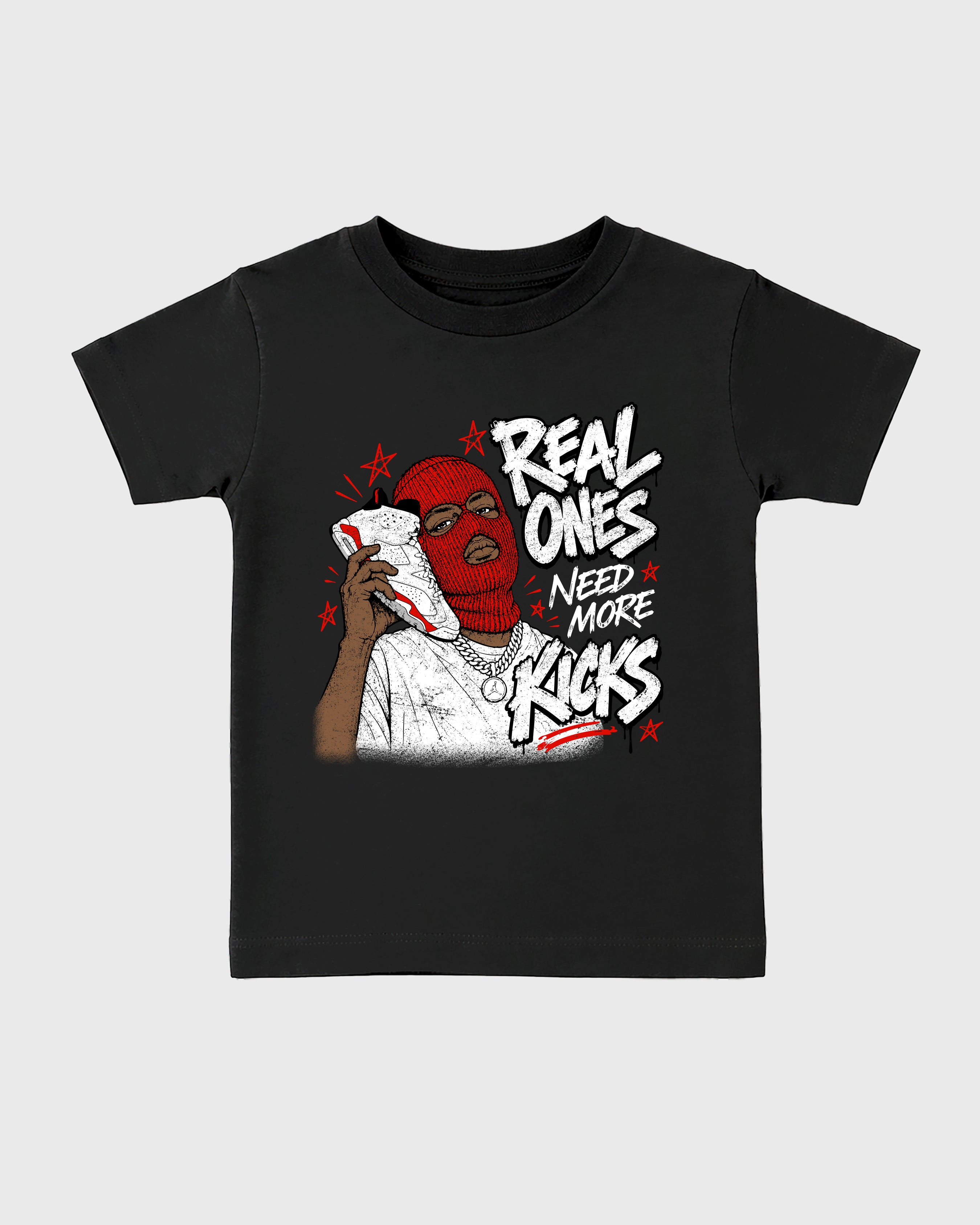 Real Ones Need More Kicks Baby & Kids Graphic T-Shirt featuring original artwork designed to match the Air Jordan 6 White Infrared. Black 2 Kids Graphic Tee.