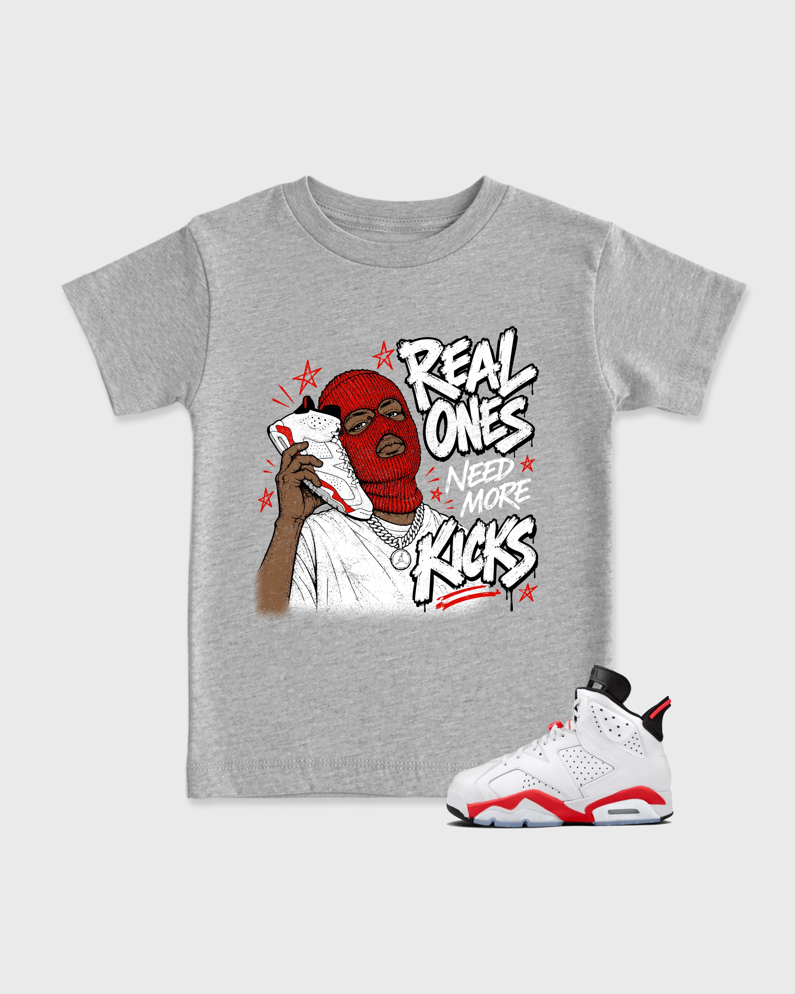 Real Ones Need More Kicks Baby & Kids Graphic T-Shirt featuring original artwork designed to match the Air Jordan 6 White Infrared. Heather Grey 1 Kids Graphic Tee.