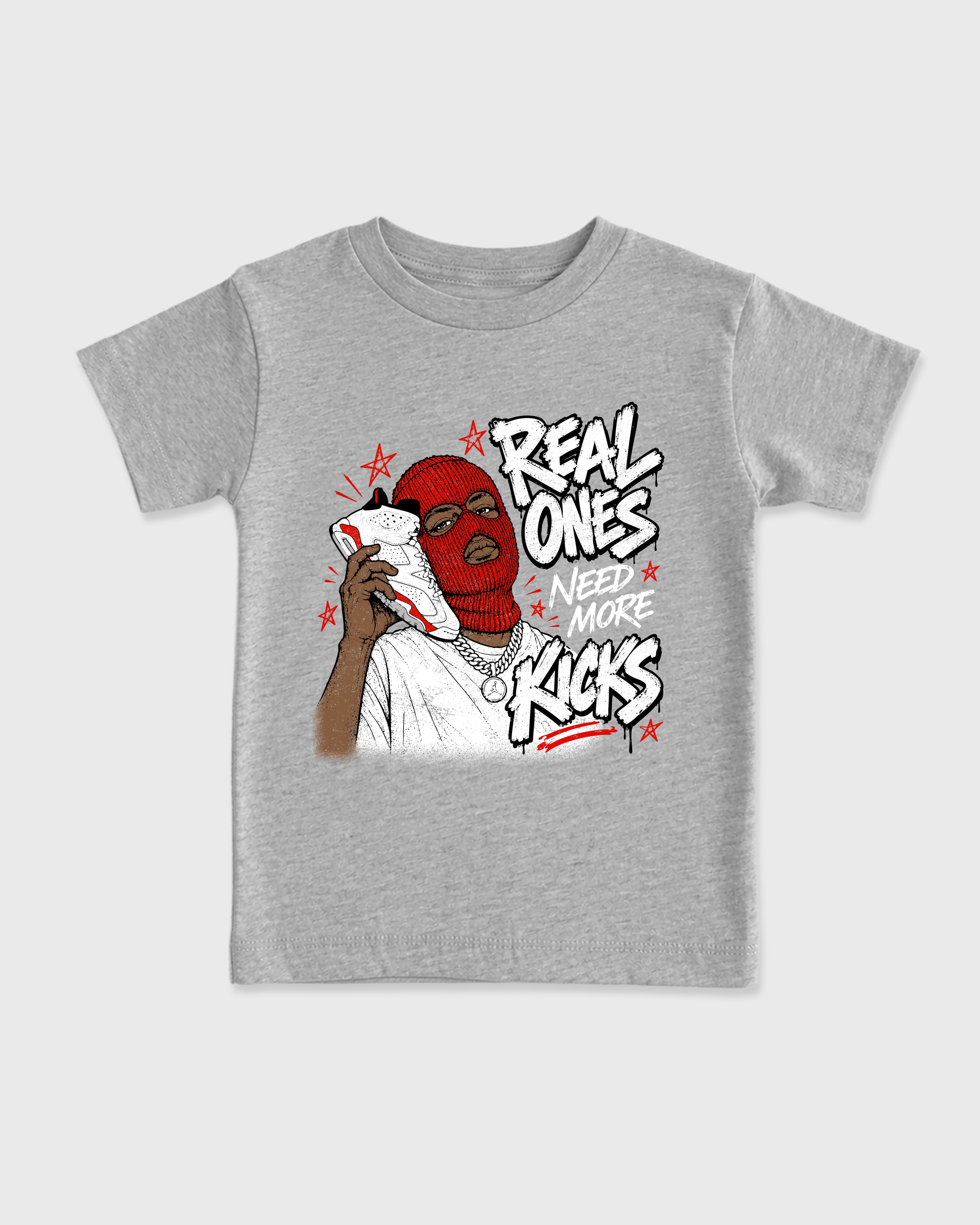 Real Ones Need More Kicks Baby & Kids Graphic T-Shirt featuring original artwork designed to match the Air Jordan 6 White Infrared. Heather Grey 2 Kids Graphic Tee.