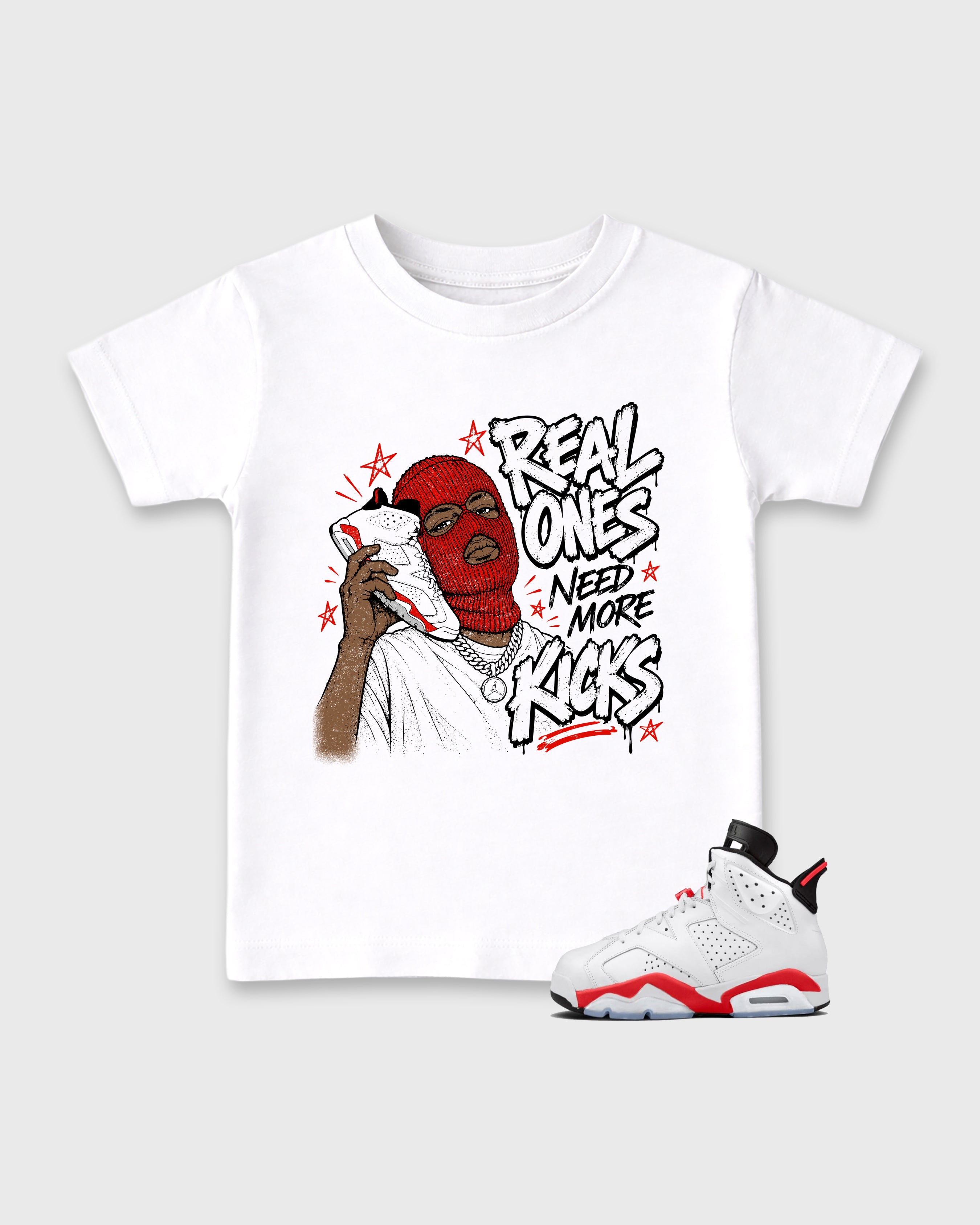 Real Ones Need More Kicks Baby & Kids Graphic T-Shirt featuring original artwork designed to match the Air Jordan 6 White Infrared. White 1 Kids Graphic Tee.