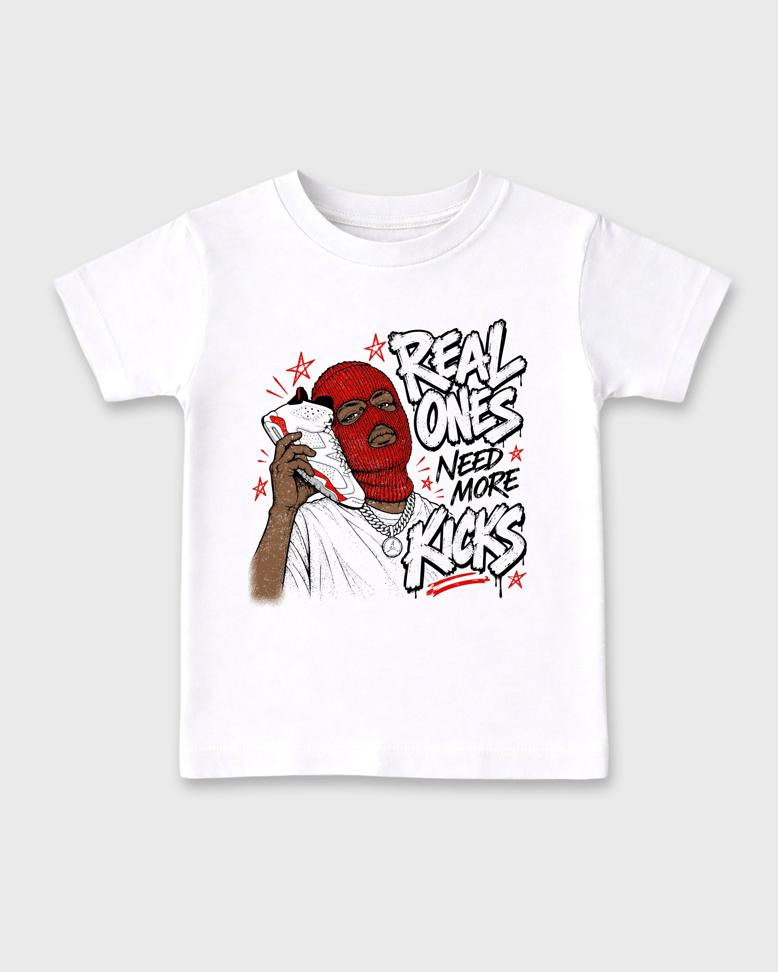 Real Ones Need More Kicks Baby & Kids Graphic T-Shirt featuring original artwork designed to match the Air Jordan 6 White Infrared. White 2 Kids Graphic Tee.