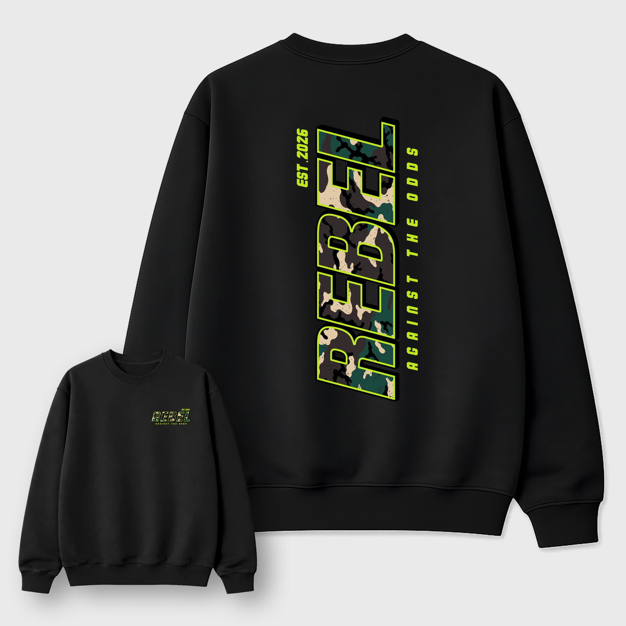 Rebel Graphic T-Shirt featuring original streetwear artwork designed to match the Air Foamposite Pro Green Camo. Black Graphic Tee.