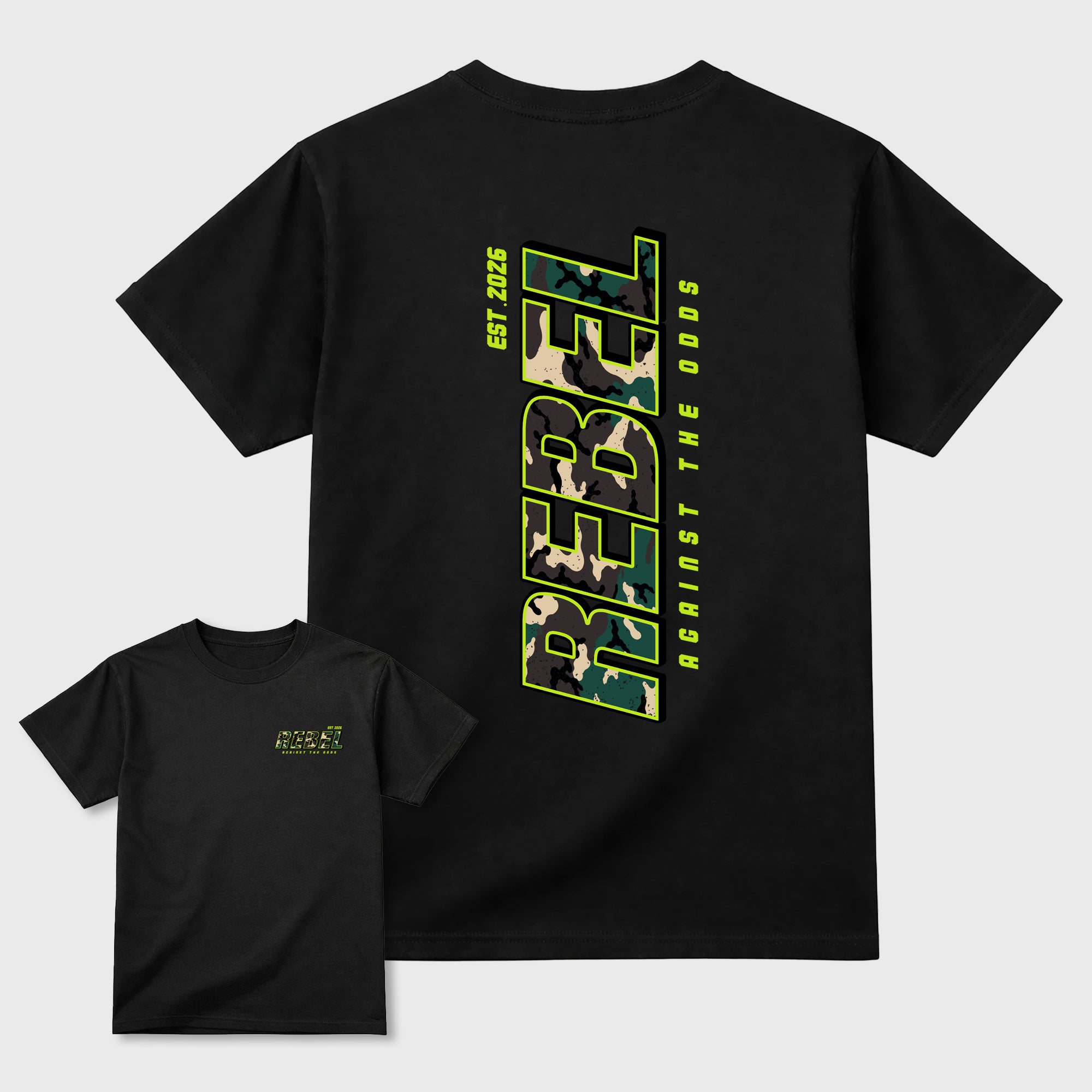Rebel Graphic T-Shirt featuring original streetwear artwork designed to match the Air Foamposite Pro Green Camo. Black Graphic T-Shirt.