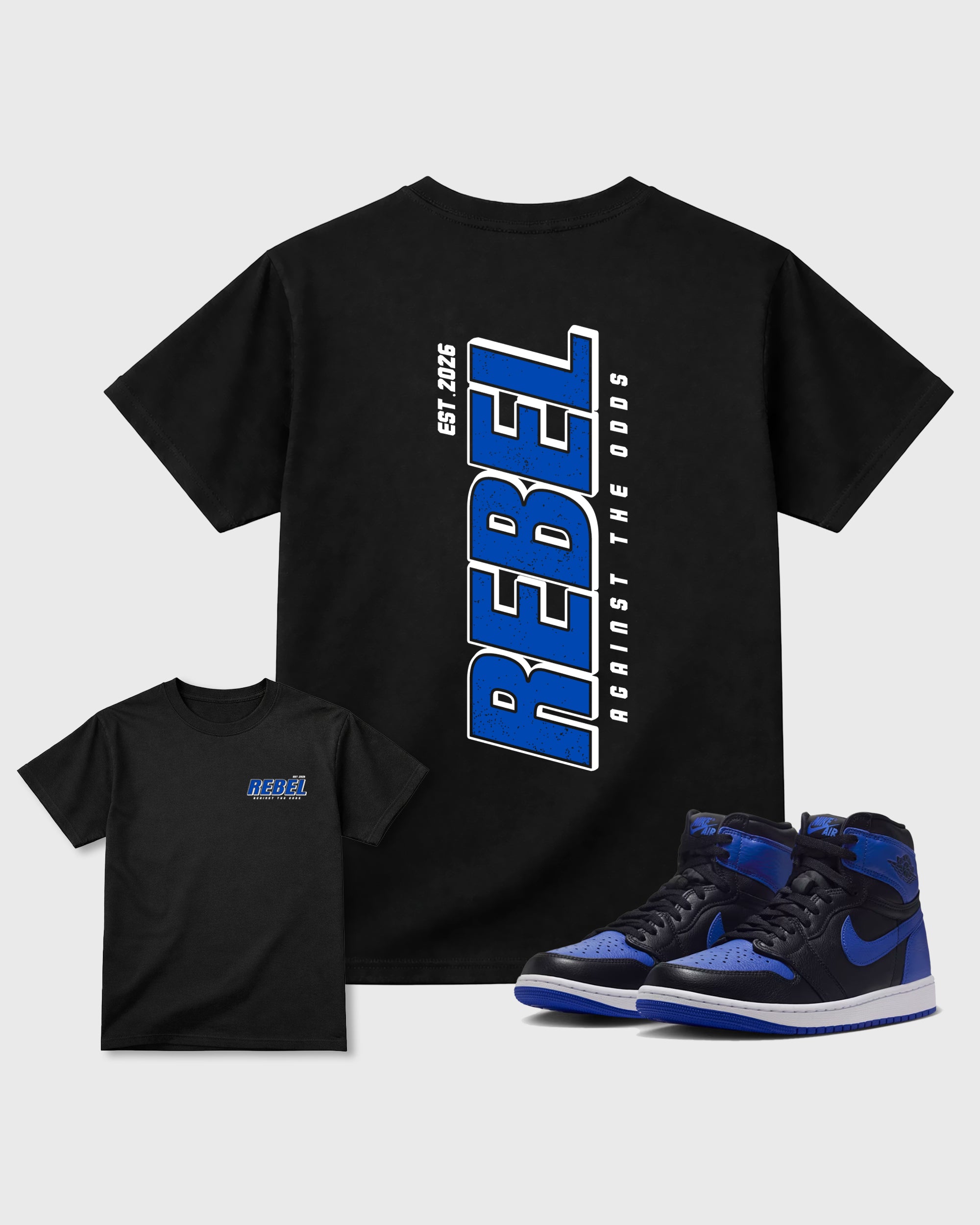 Rebel Black Graphic T-Shirt - 1, sneaker matching tee designed to match Air Jordan 1 High OG 'Royal' sneakers for a coordinated sneaker outfit.