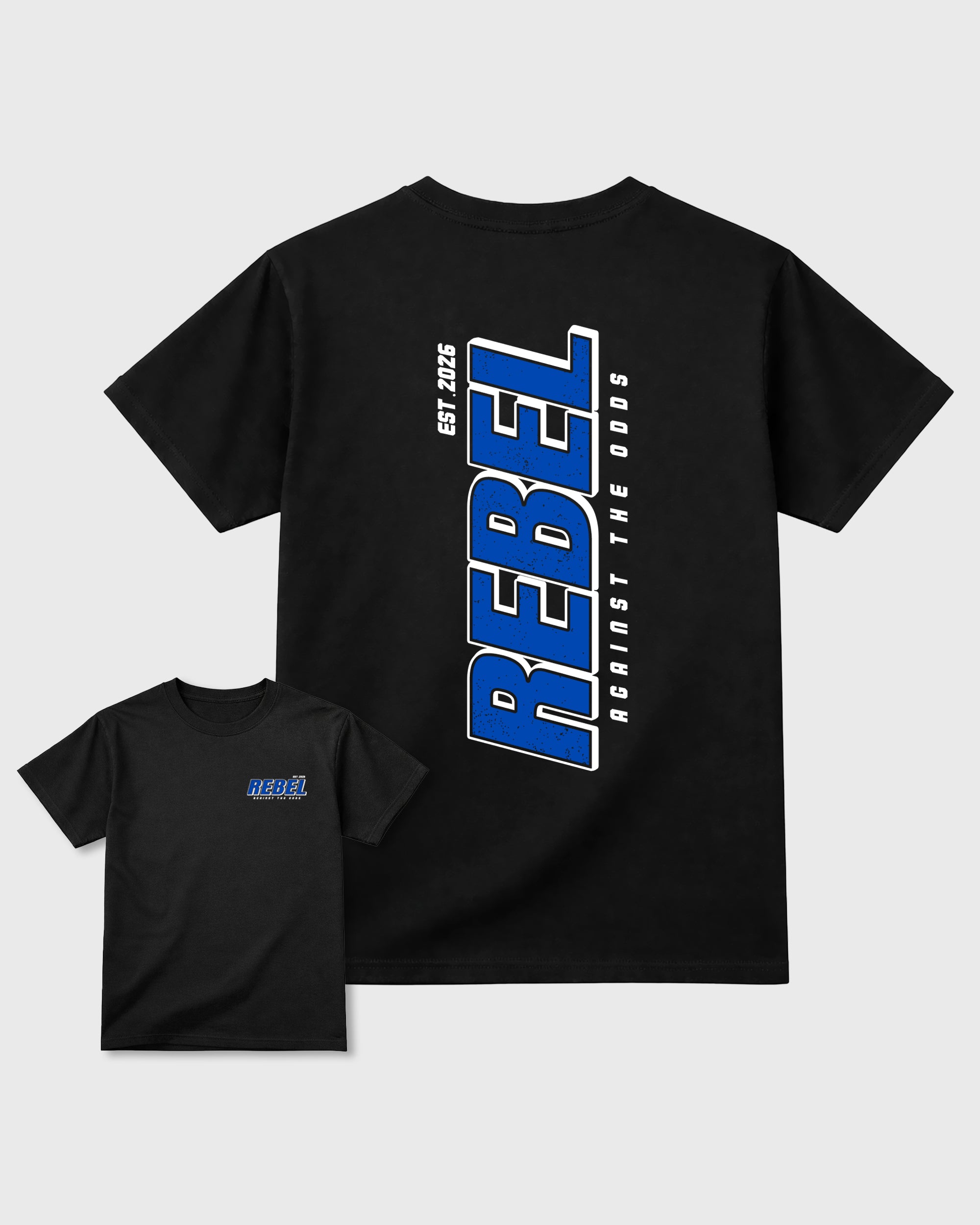 Rebel Black Graphic T-Shirt - 3, sneaker matching shirt designed to pair with Air Jordan 1 High OG 'Royal' sneakers for a coordinated streetwear outfit.