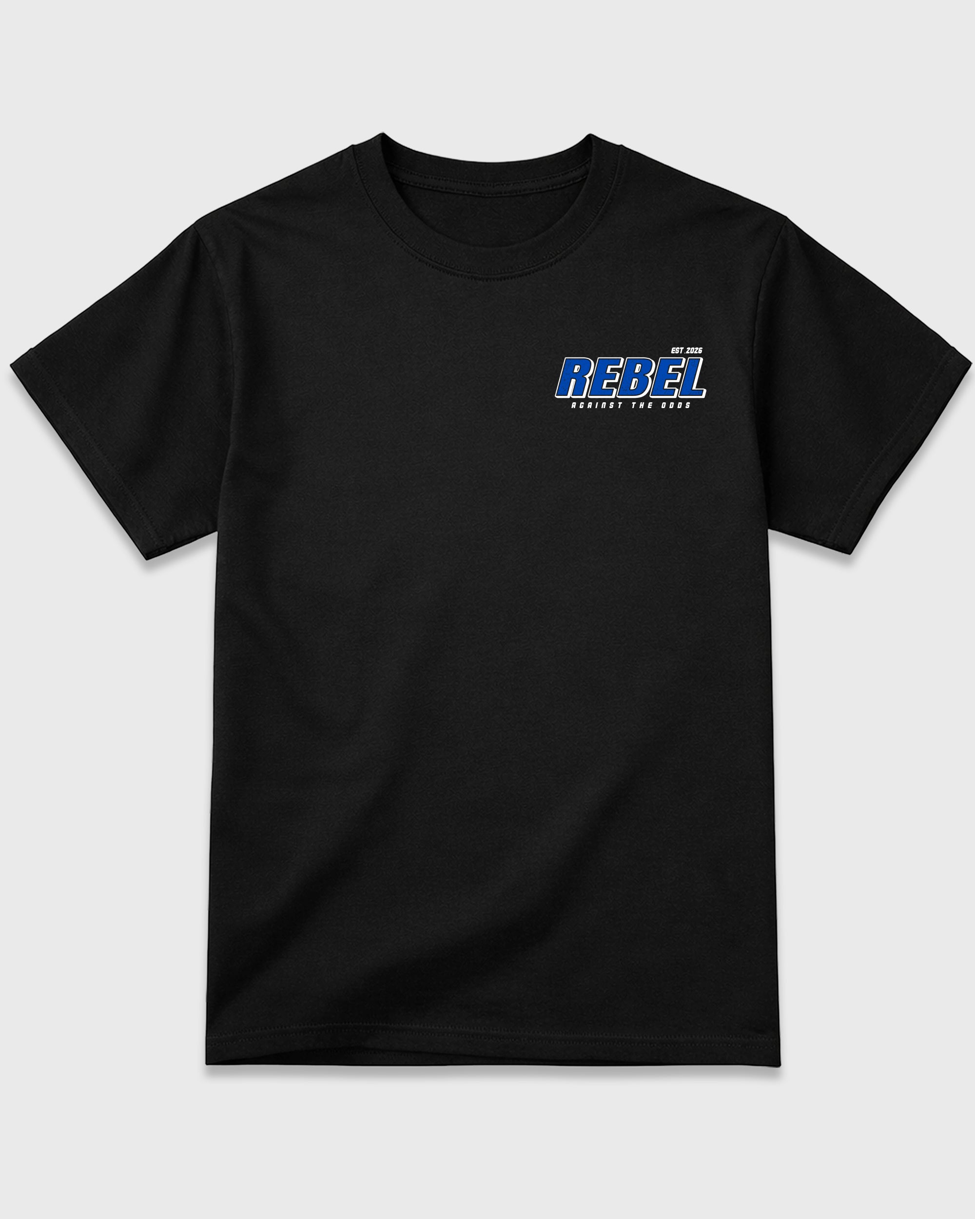 Rebel Black Graphic T-Shirt - 3, sneaker matching shirt designed to pair with Air Jordan 1 High OG 'Royal' sneakers for a coordinated streetwear outfit.