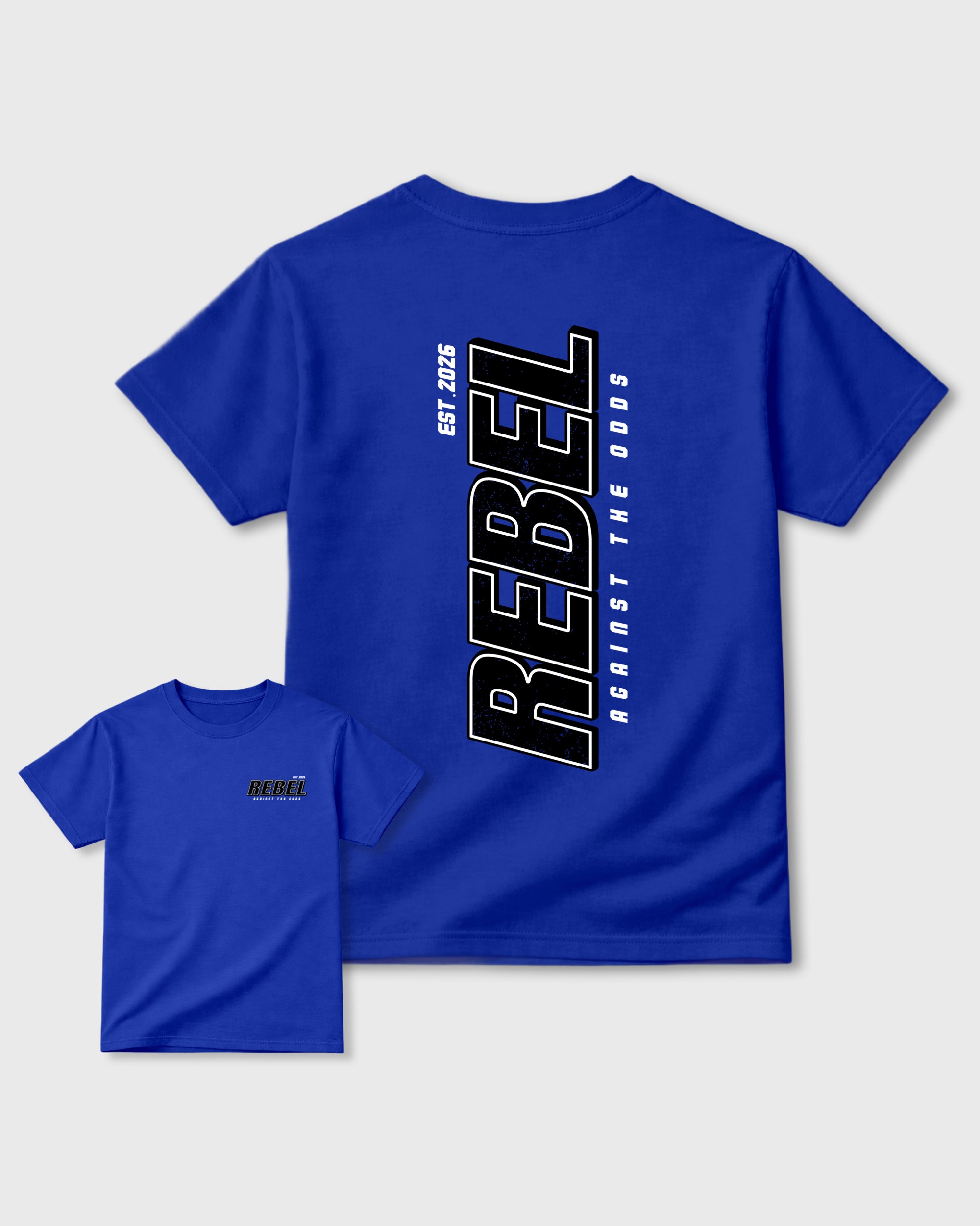Rebel Royal Blue Graphic T-Shirt - 3, sneaker matching shirt designed to pair with Air Jordan 1 High OG 'Royal' sneakers for a coordinated streetwear outfit.