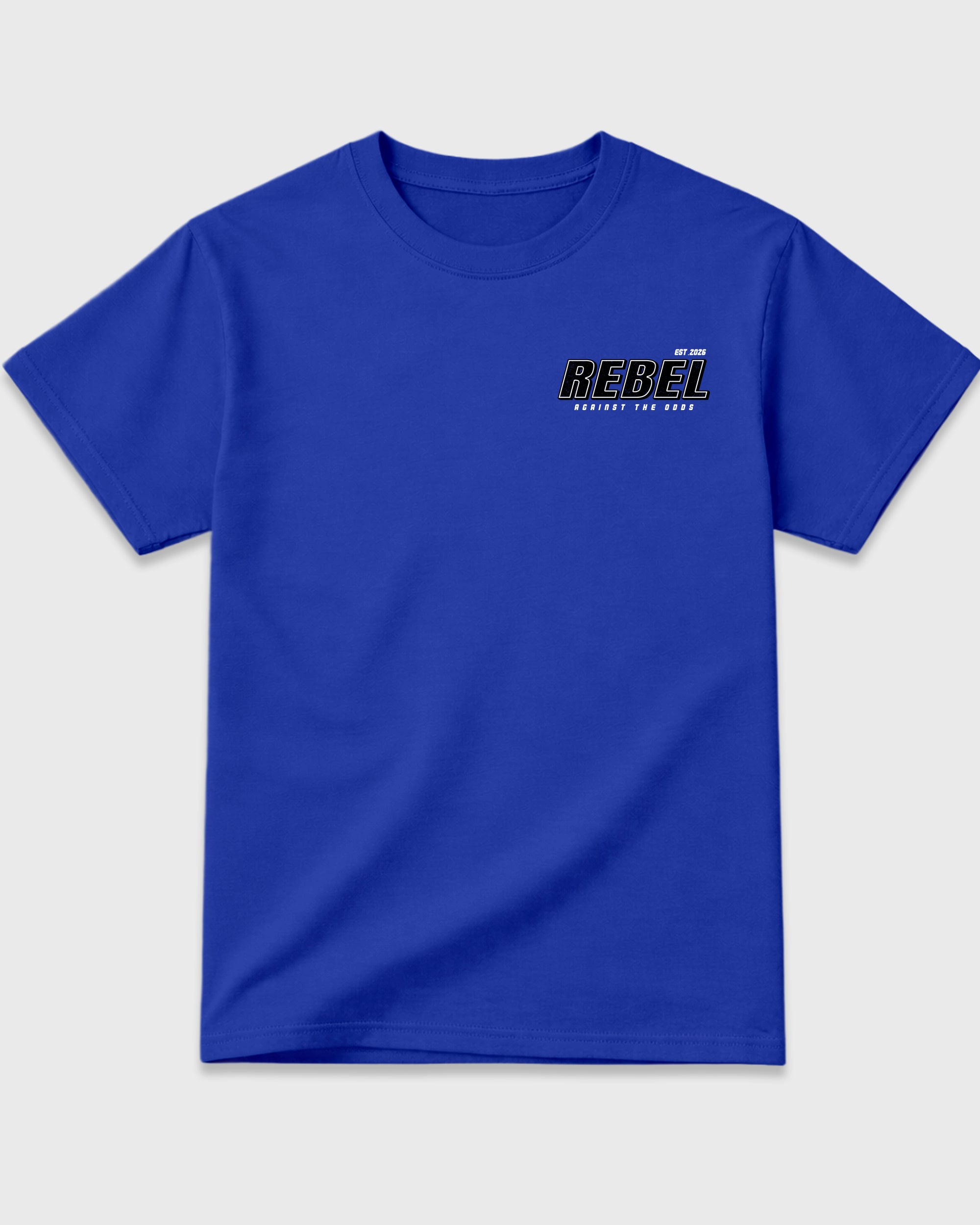 Rebel Royal Blue Graphic T-Shirt - 3, sneaker matching shirt designed to pair with Air Jordan 1 High OG 'Royal' sneakers for a coordinated streetwear outfit.