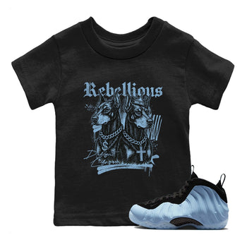 Rebellious baby and kids t-shirt crafted for little sneakerheads to shine with the Air Foamposite One Psychic Blue sneakers, displayed in Black 1.
