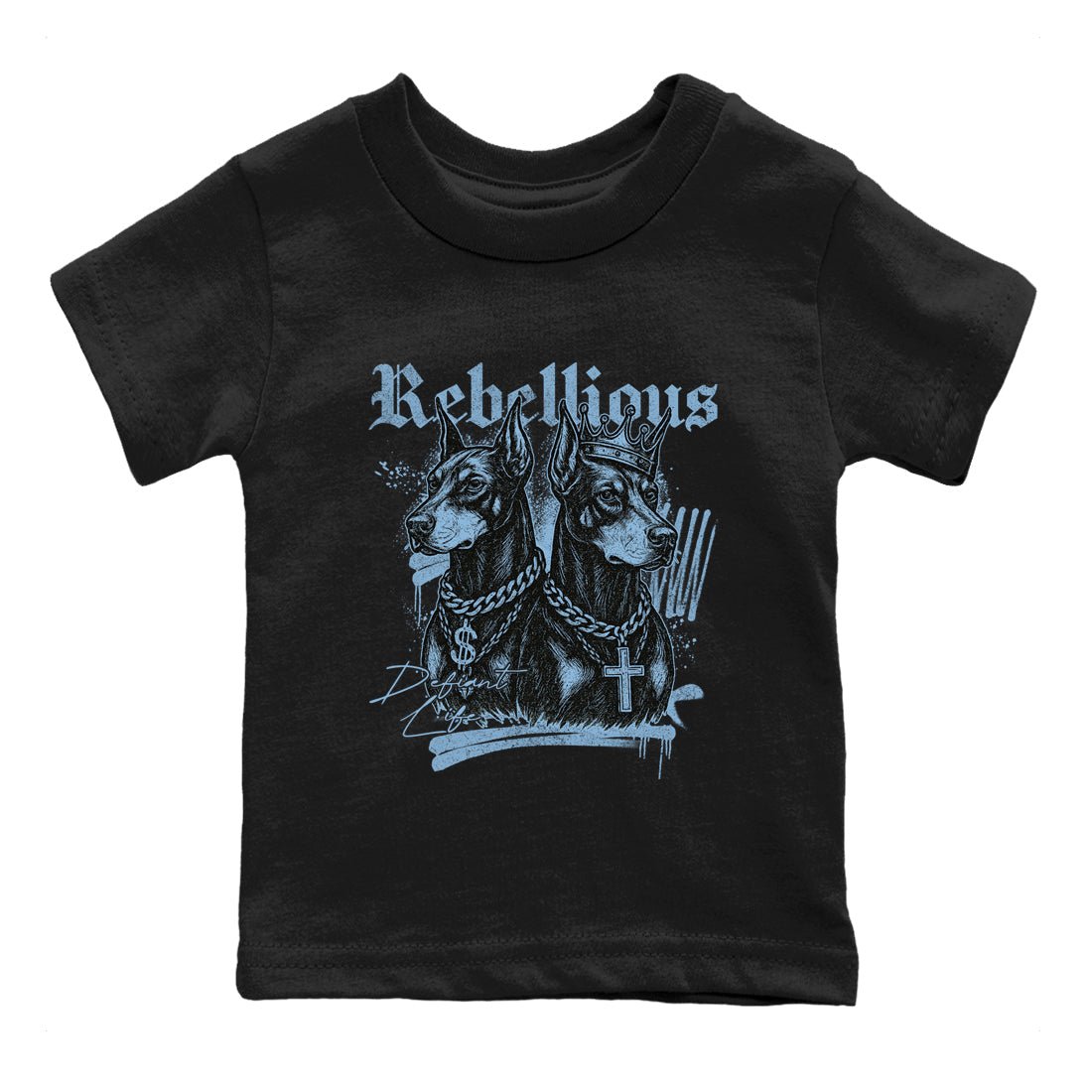 Rebellious baby and kids t-shirt crafted for little sneakerheads to shine with the Air Foamposite One Psychic Blue sneakers, displayed in Black 2.