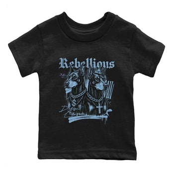 Rebellious baby and kids t-shirt crafted for little sneakerheads to shine with the Air Foamposite One Psychic Blue sneakers, displayed in Black 2.