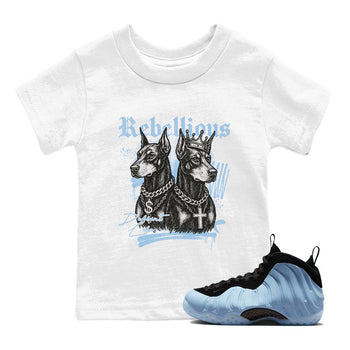 Rebellious baby and kids t-shirt crafted for little sneakerheads to shine with the Air Foamposite One Psychic Blue sneakers, displayed in White 1.