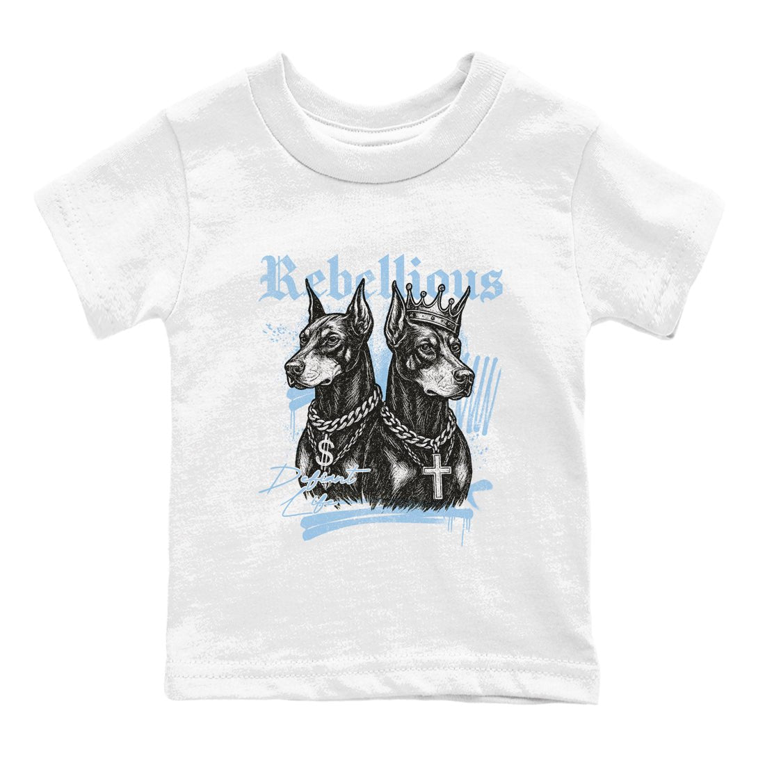 Rebellious baby and kids t-shirt crafted for little sneakerheads to shine with the Air Foamposite One Psychic Blue sneakers, displayed in White 2.