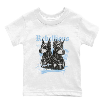 Rebellious baby and kids t-shirt crafted for little sneakerheads to shine with the Air Foamposite One Psychic Blue sneakers, displayed in White 2.