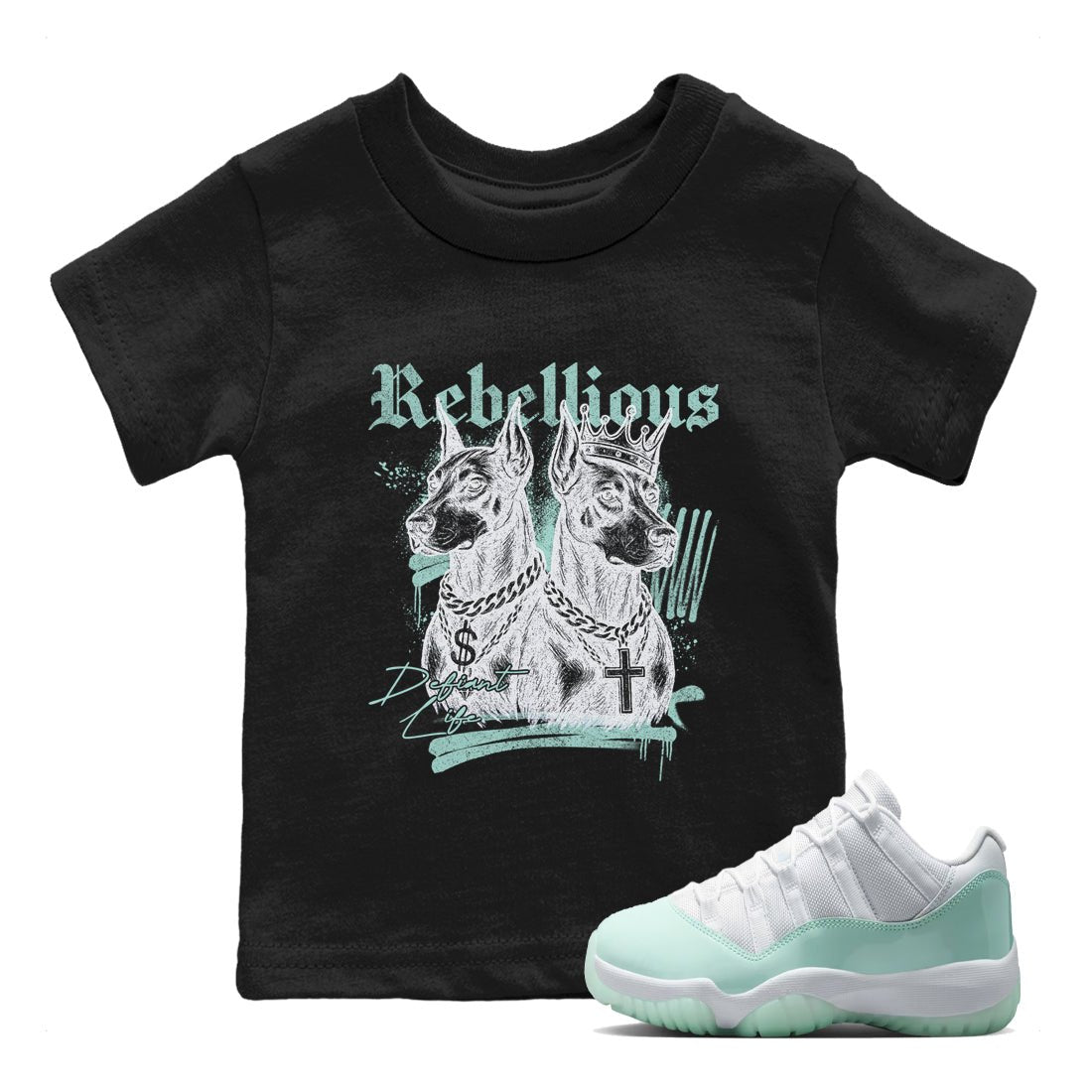 Rebellious baby and kids t-shirt crafted for little sneakerheads to shine with the Air Jordan 11 Igloo sneakers, displayed in Black 1.