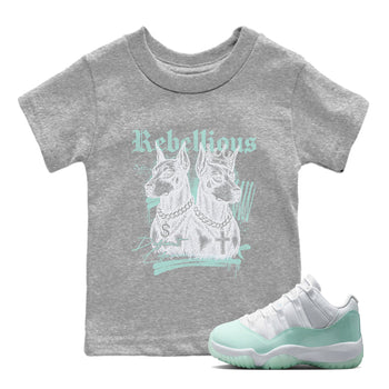 Rebellious baby and kids t-shirt crafted for little sneakerheads to shine with the Air Jordan 11 Igloo sneakers, displayed in Heather Grey 1.