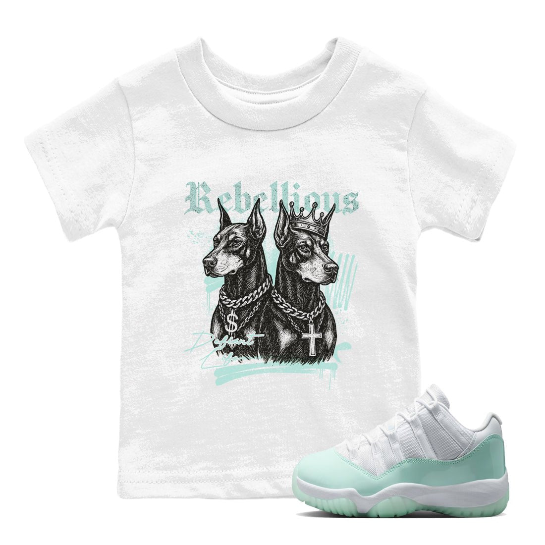 Rebellious baby and kids t-shirt crafted for little sneakerheads to shine with the Air Jordan 11 Igloo sneakers, displayed in White 1.