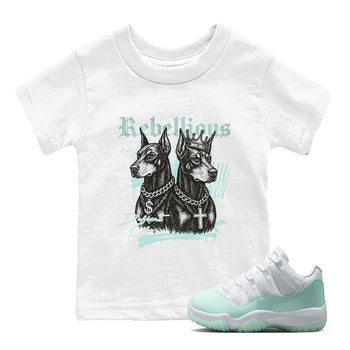 Rebellious baby and kids t-shirt crafted for little sneakerheads to shine with the Air Jordan 11 Igloo sneakers, displayed in White 1.