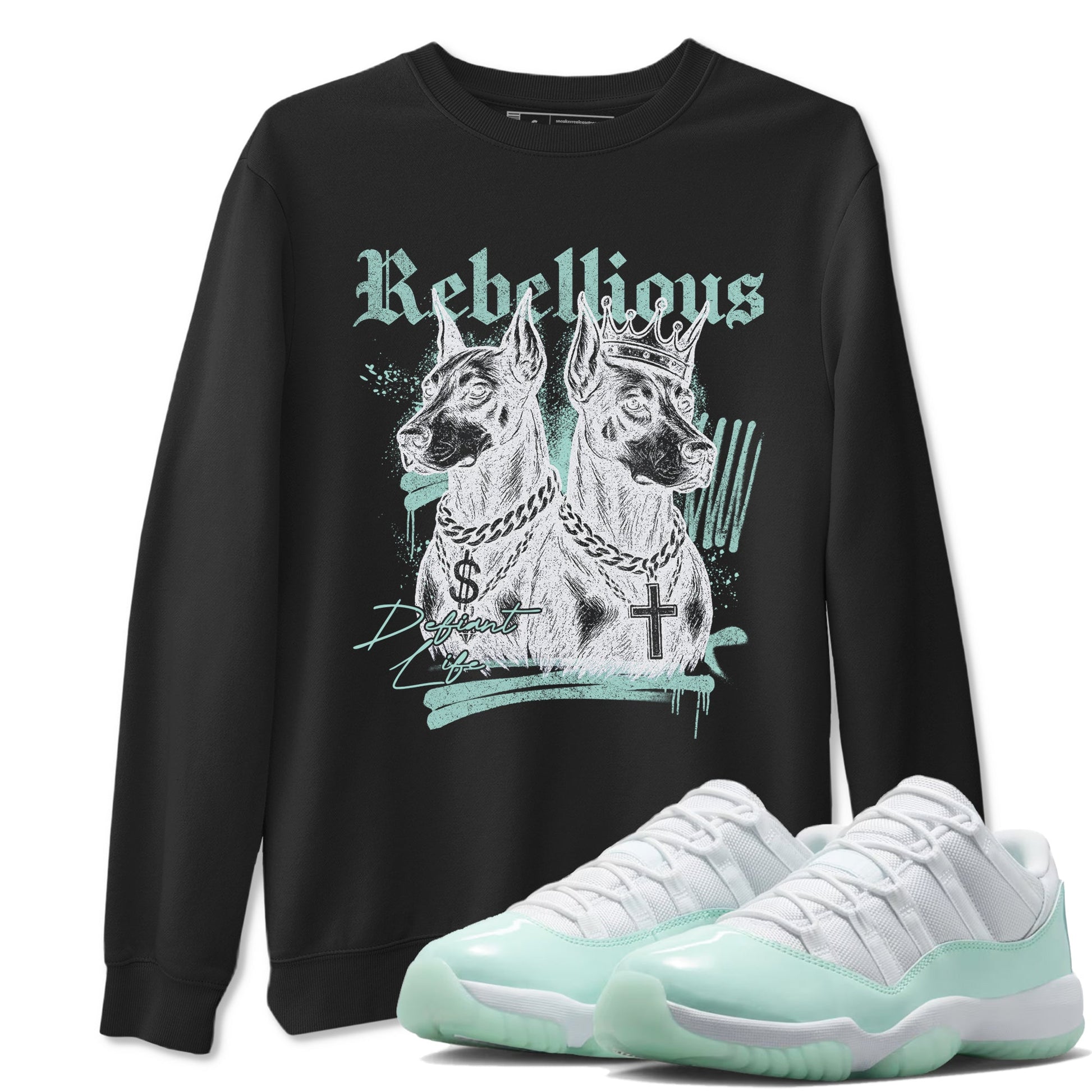 Rebellious sneaker match t-shirt styled to complete your fit with the Air Jordan 11 Igloo sneakers, shown in Black 1.