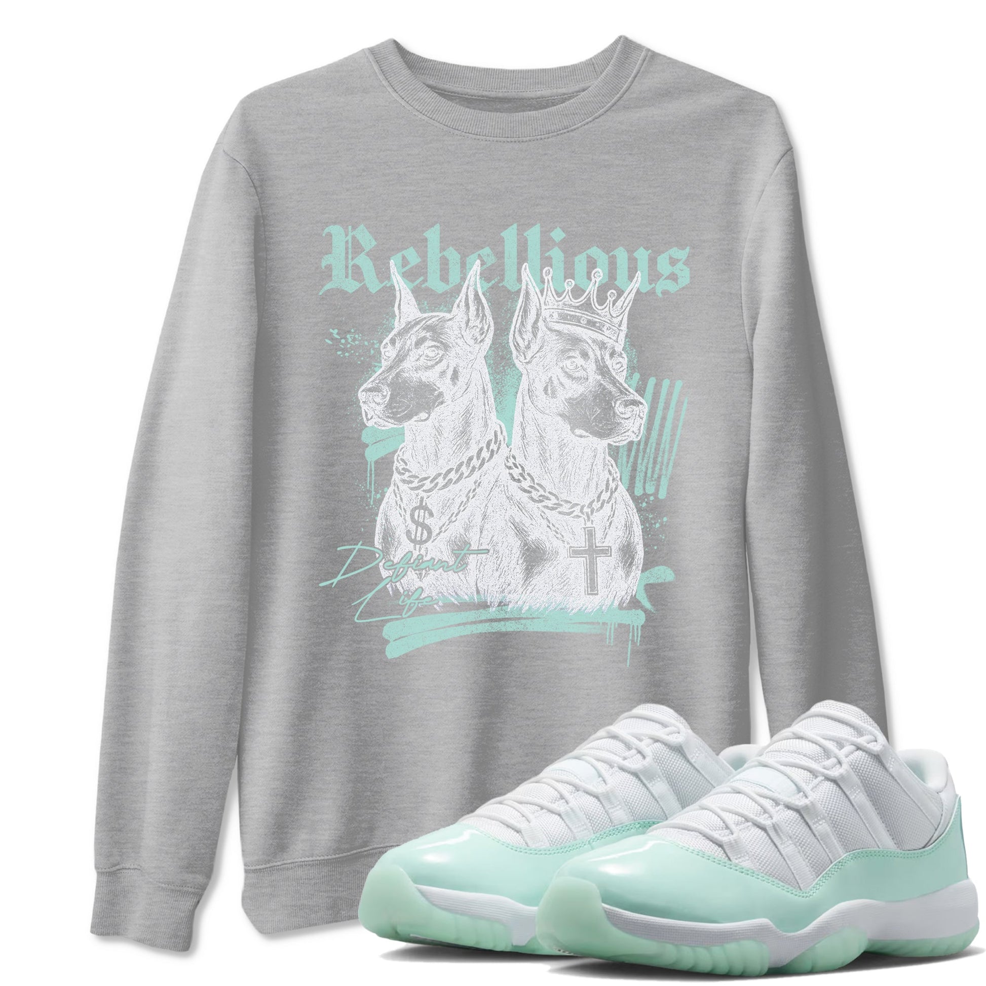 Rebellious sneaker match t-shirt styled to complete your fit with the Air Jordan 11 Igloo sneakers, shown in Heather Grey 1.