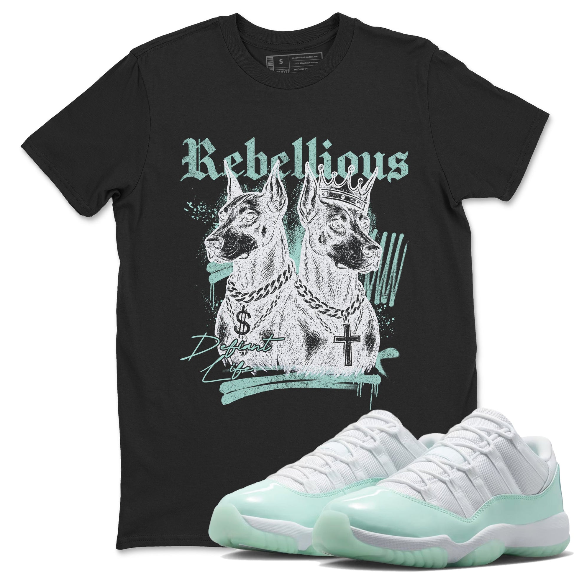 Rebellious sneaker match t-shirt styled to complete your fit with the Air Jordan 11 Igloo sneakers, shown in Black 1.