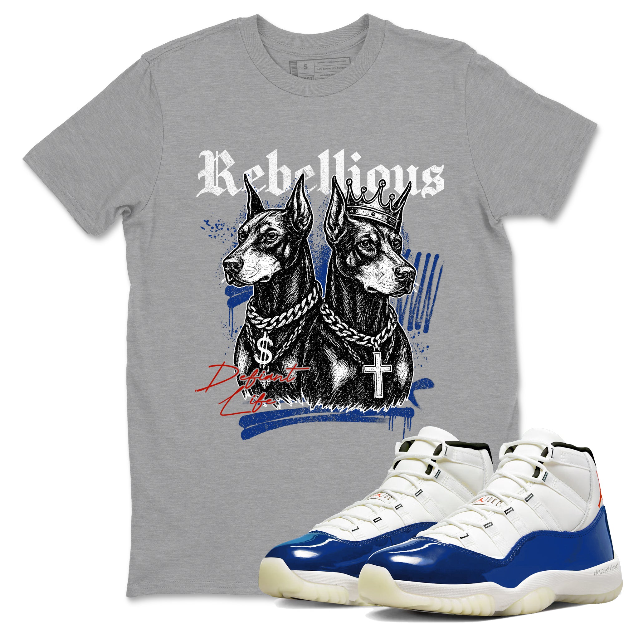 Gray t-shirt with dog graphic and 'Rebellions' text, paired with blue and white sneakers.