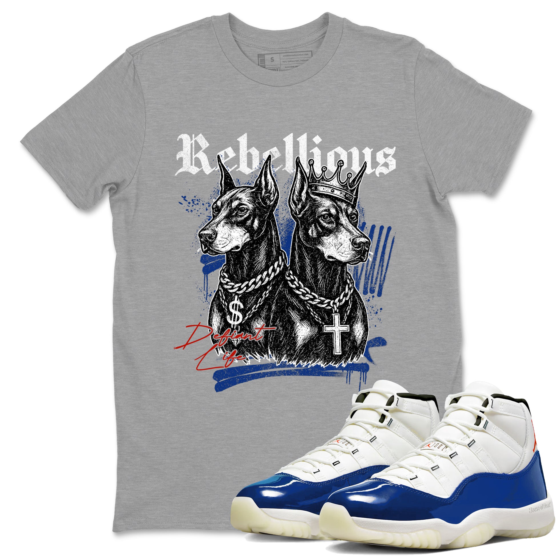 Gray t-shirt with dog graphic and 'Rebellions' text, paired with blue and white sneakers.